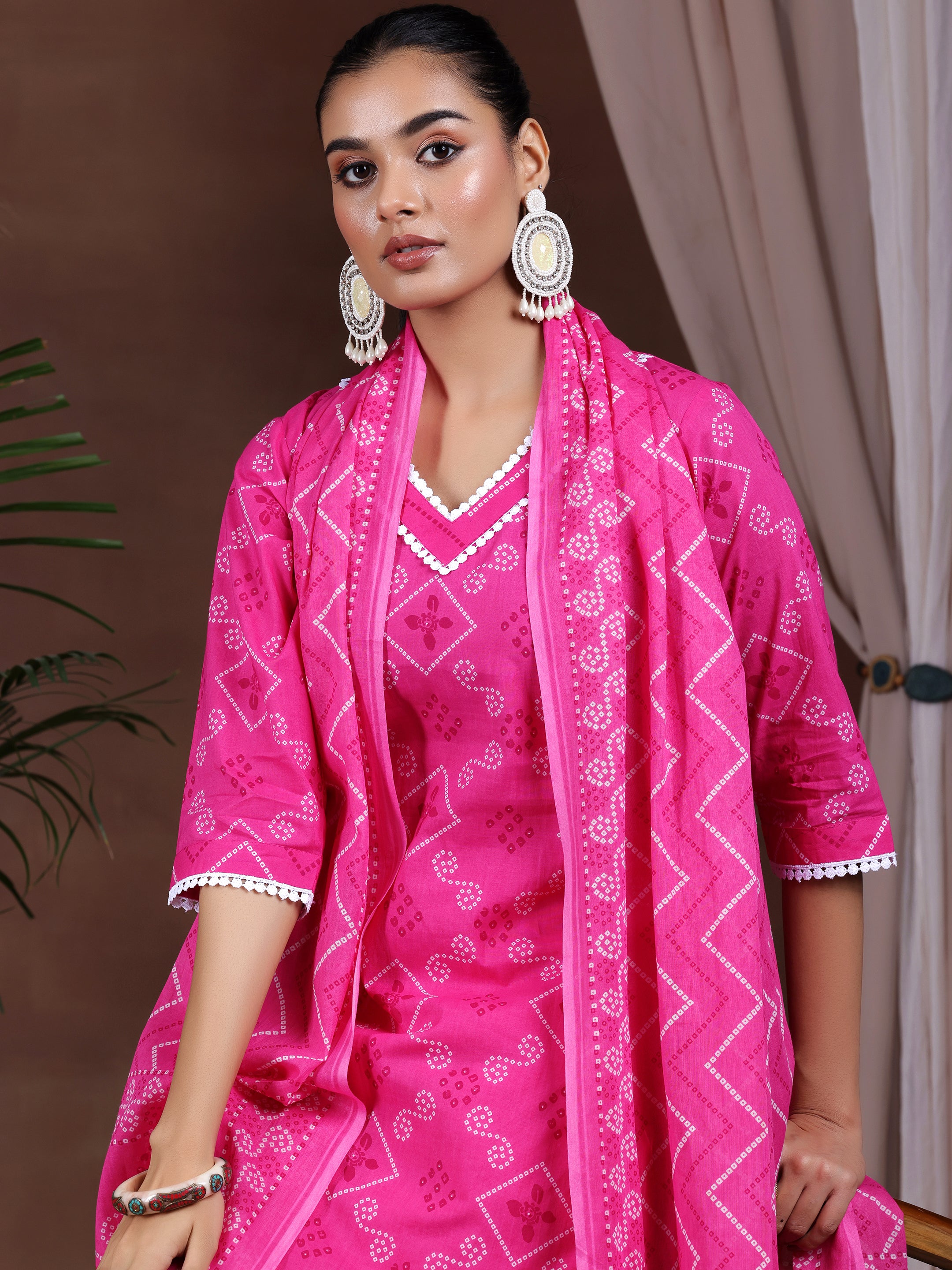 Pink Printed Cotton Straight Suit With Dupatta