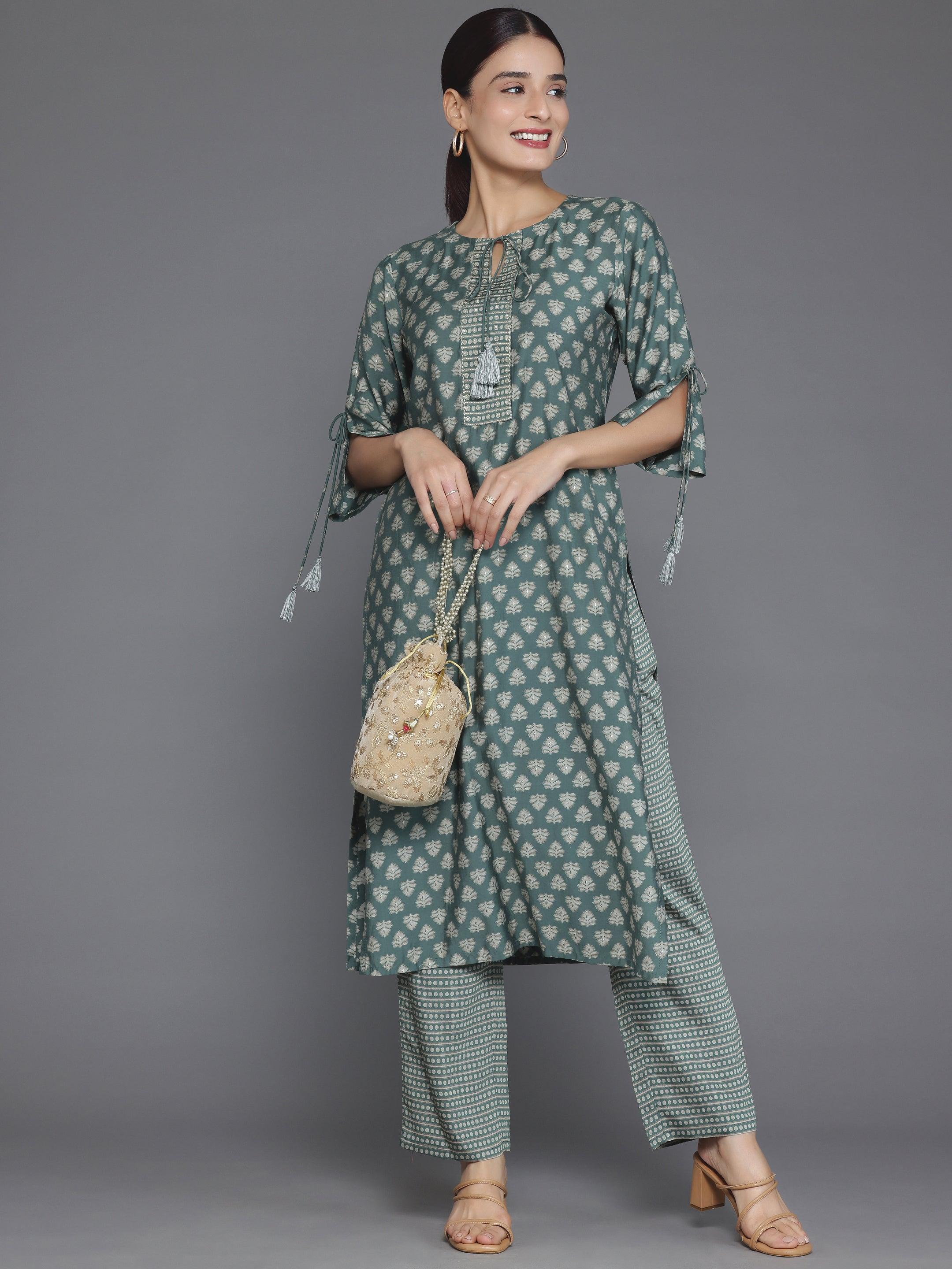 Green Printed Silk Blend Straight Kurta Set