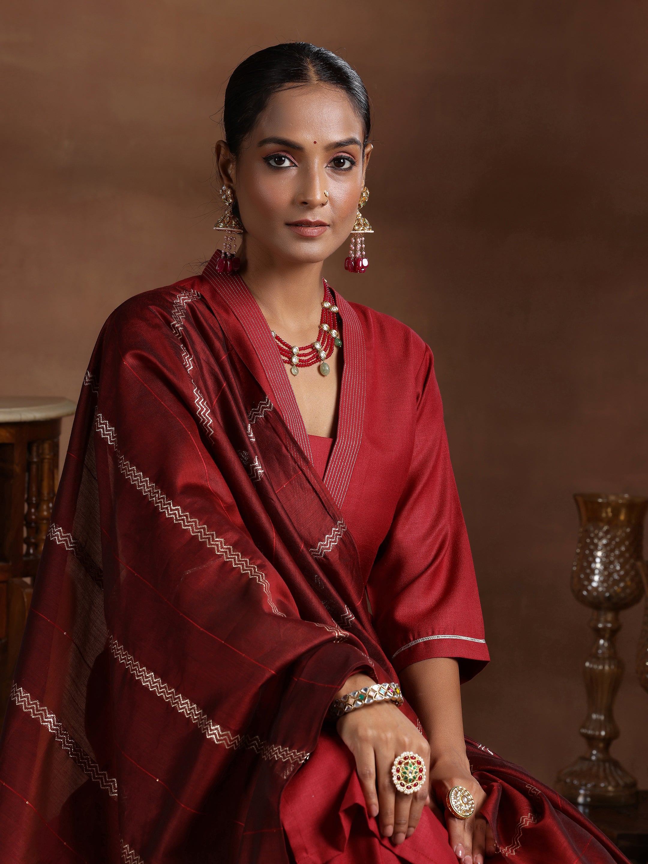 Maroon Solid Silk Blend Straight Suit With Dupatta