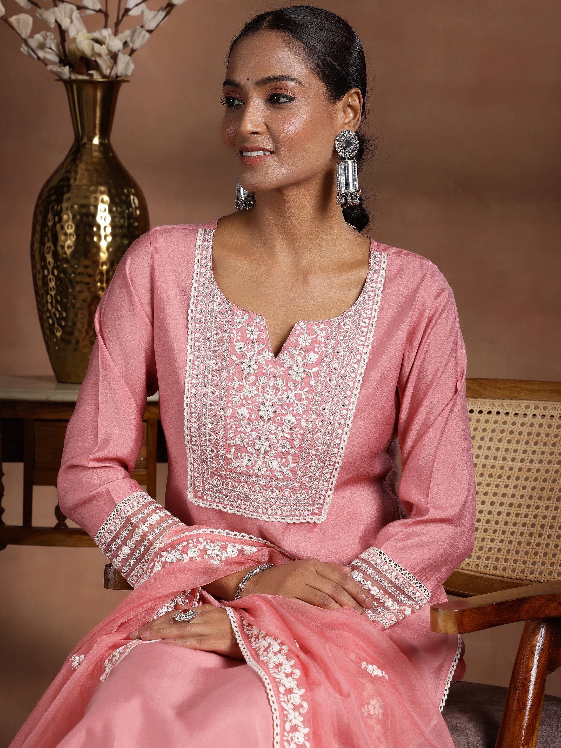 Pink Yoke Design Silk Blend Straight Suit With Dupatta