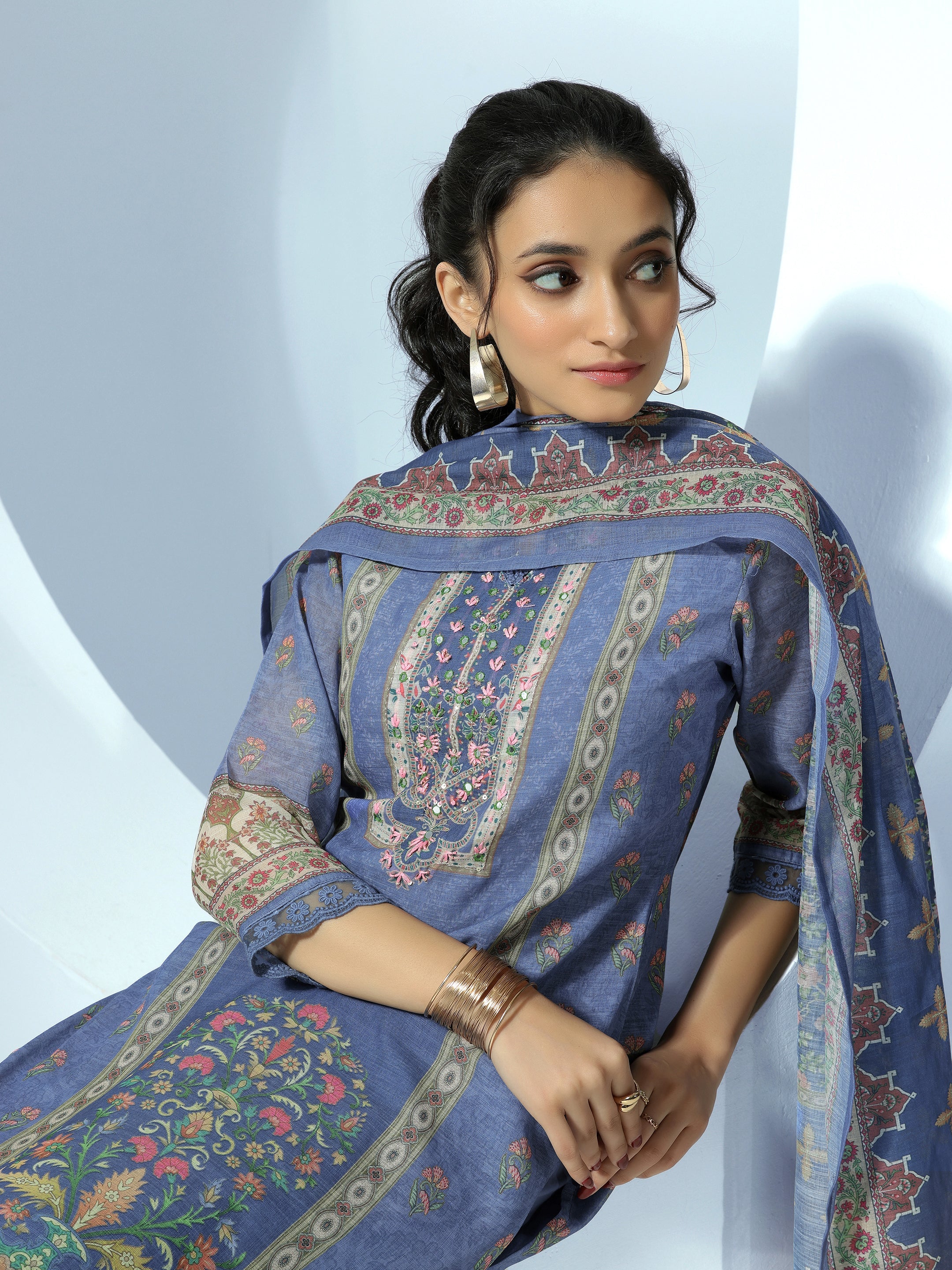 Blue Printed Linen Straight Suit With Dupatta