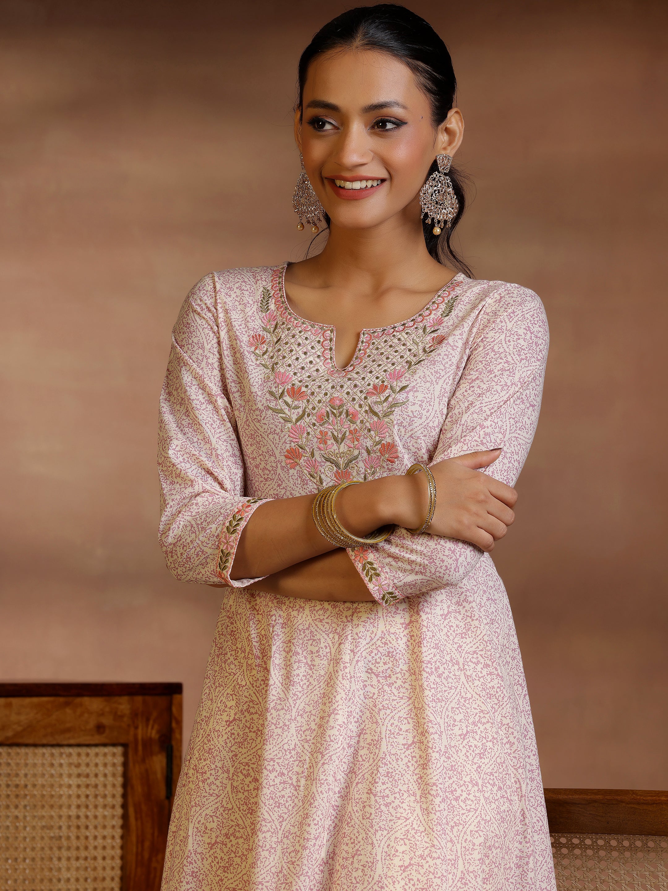 Mauve Printed Cotton Anarkali Kurta With Trousers