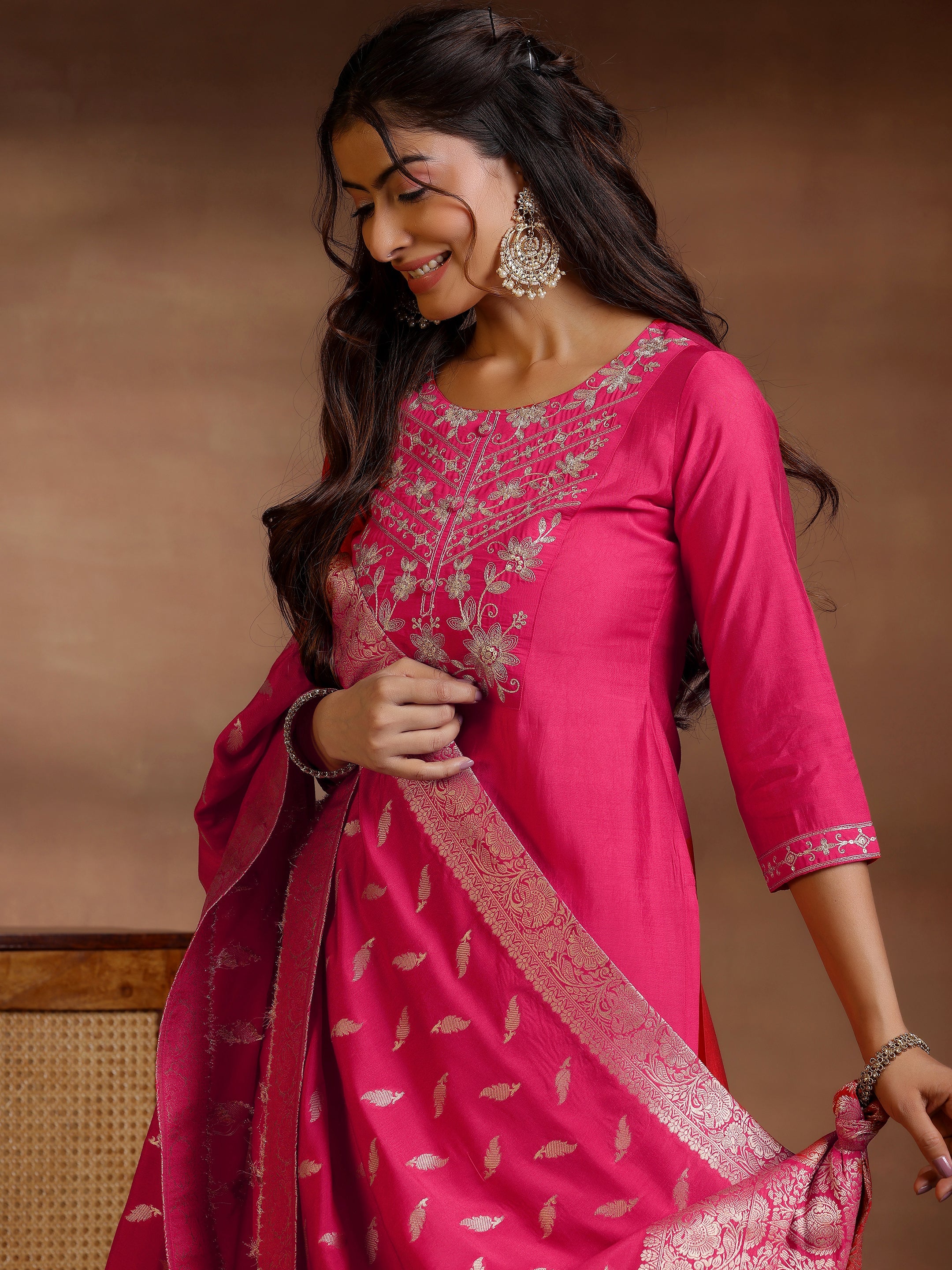 Pink Yoke Design Silk Blend Straight Suits With Dupatta