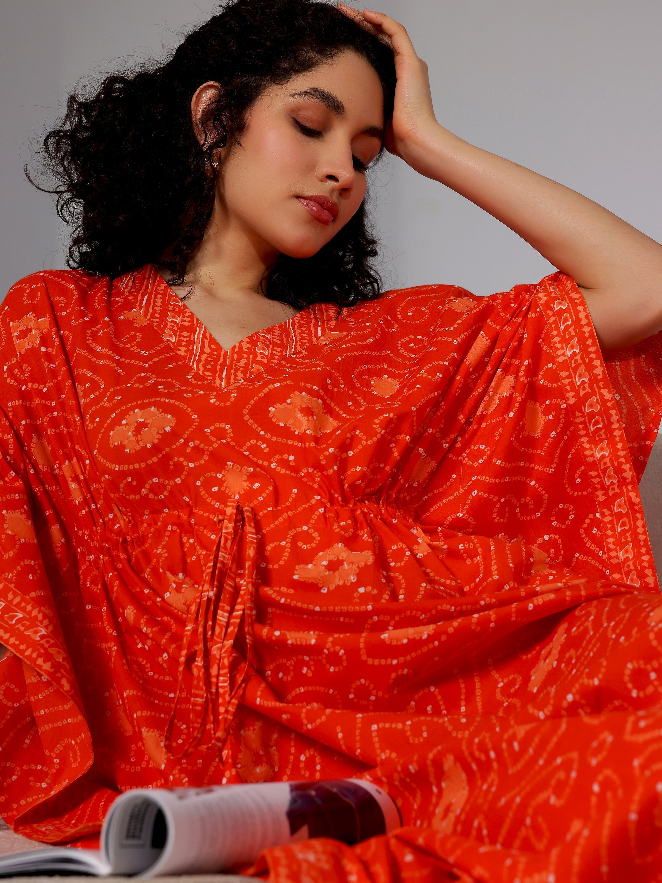 Orange Printed Cotton Kaftan Night Dress