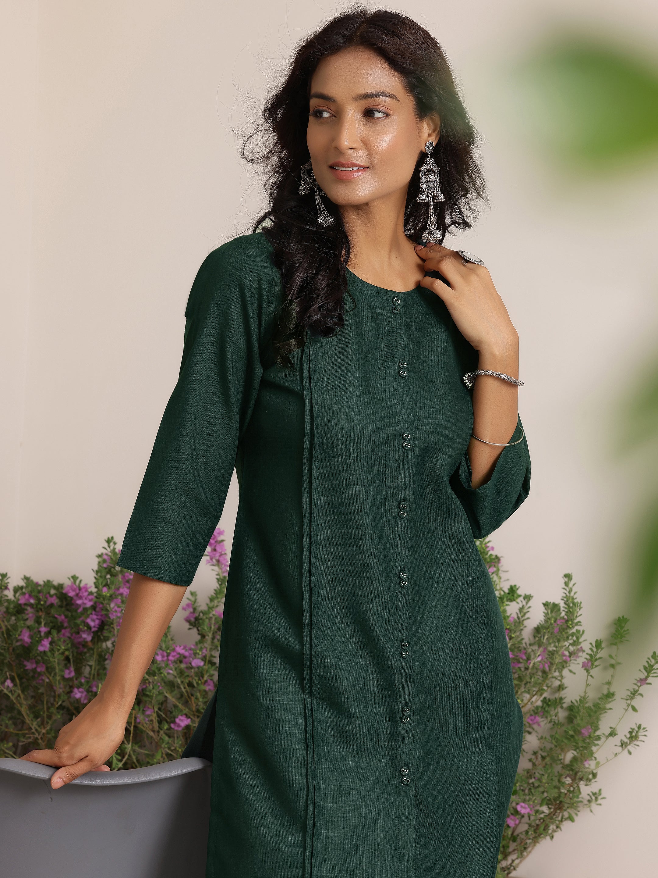 Green Solid Silk Straight Kurta