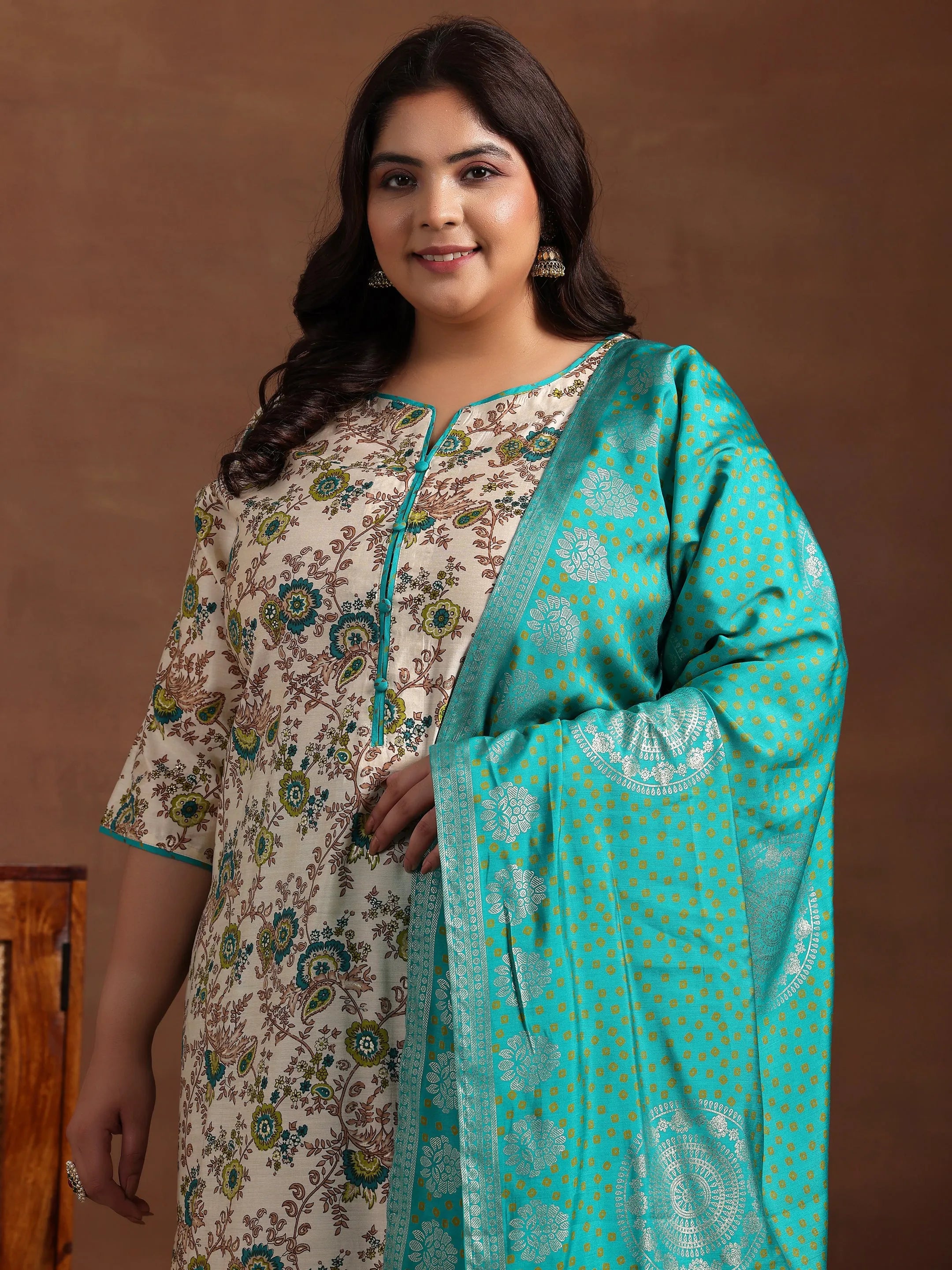 Plus Size Blue Printed Silk Blend Straight Suit With Dupatta