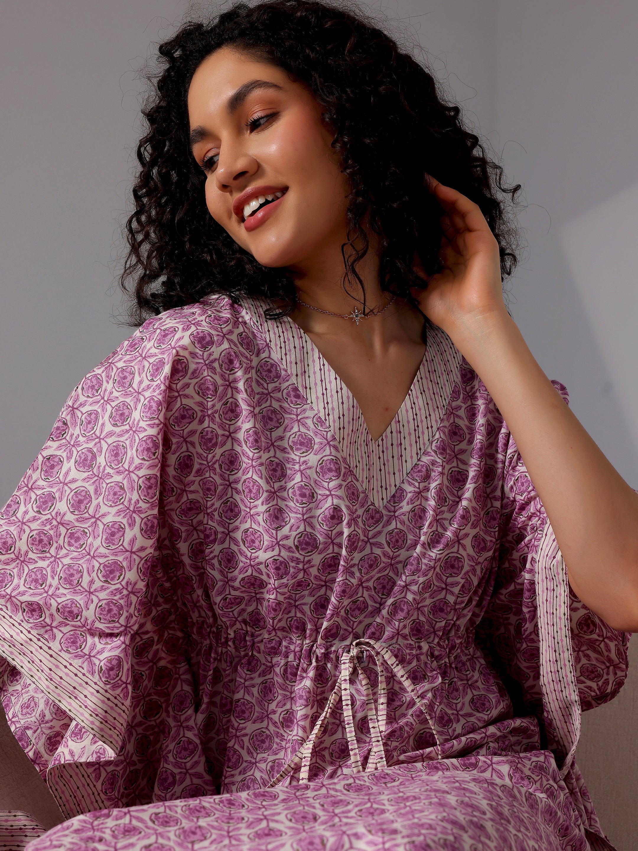 Purple Printed Cotton Kaftan Night Dress