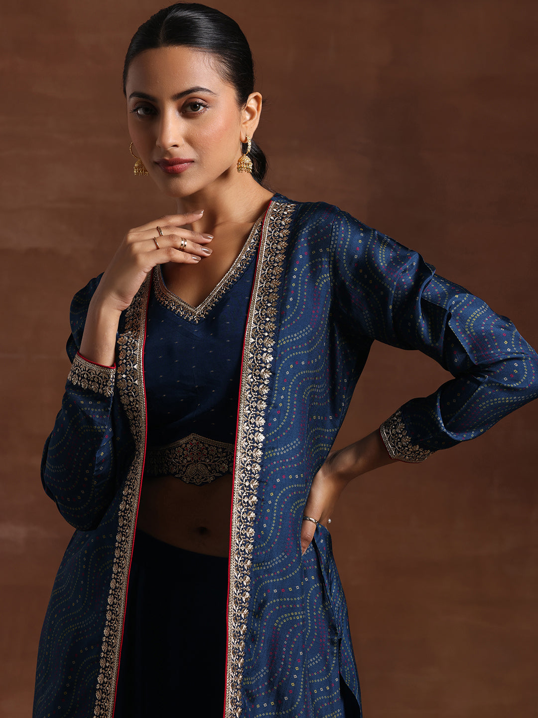 Blue Embroidered Silk Blend 3 Piece Co-Ords