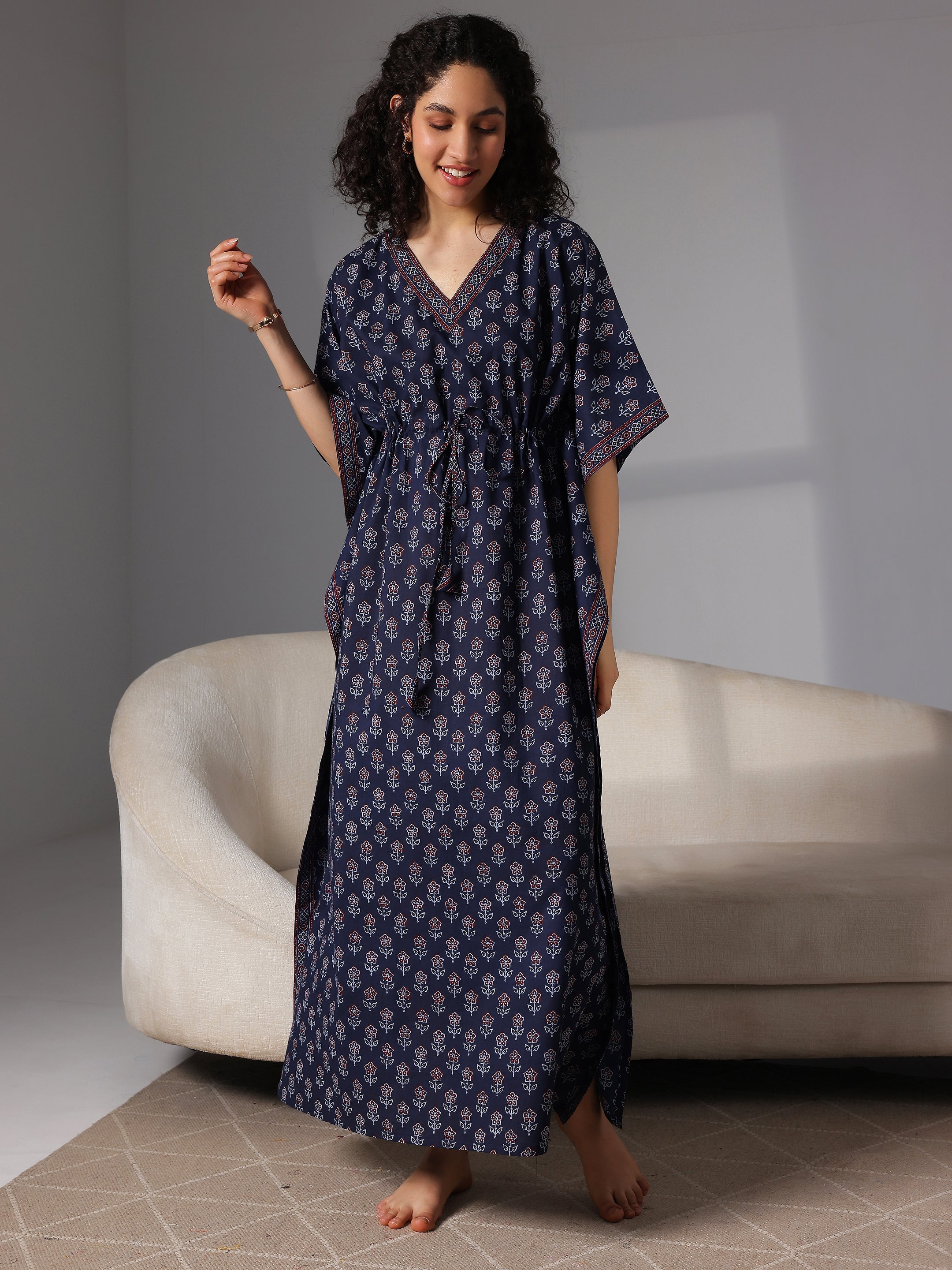 Navy Blue Printed Cotton Kaftan Night Dress