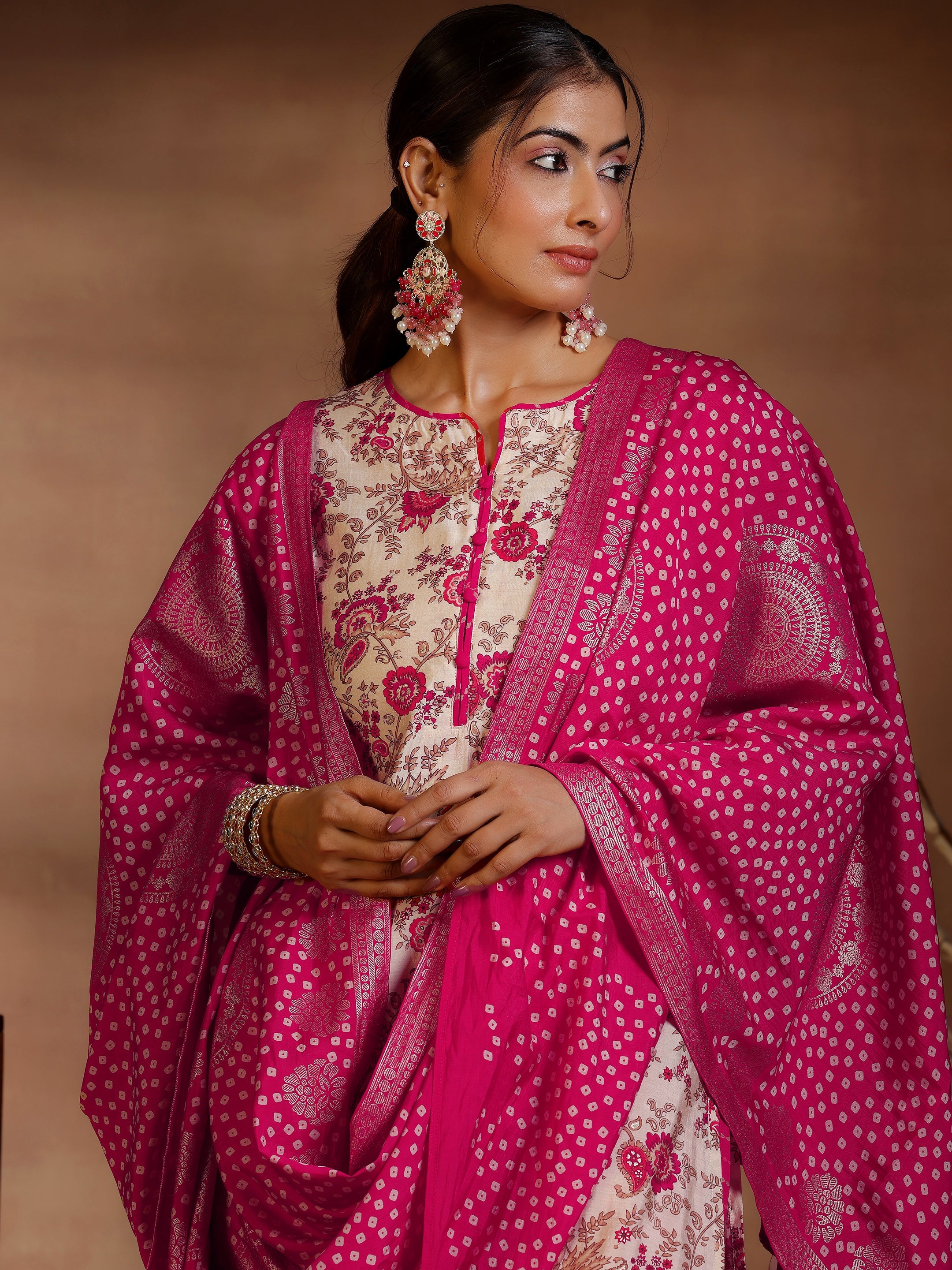 Pink Printed Silk Blend Straight Suits With Dupatta