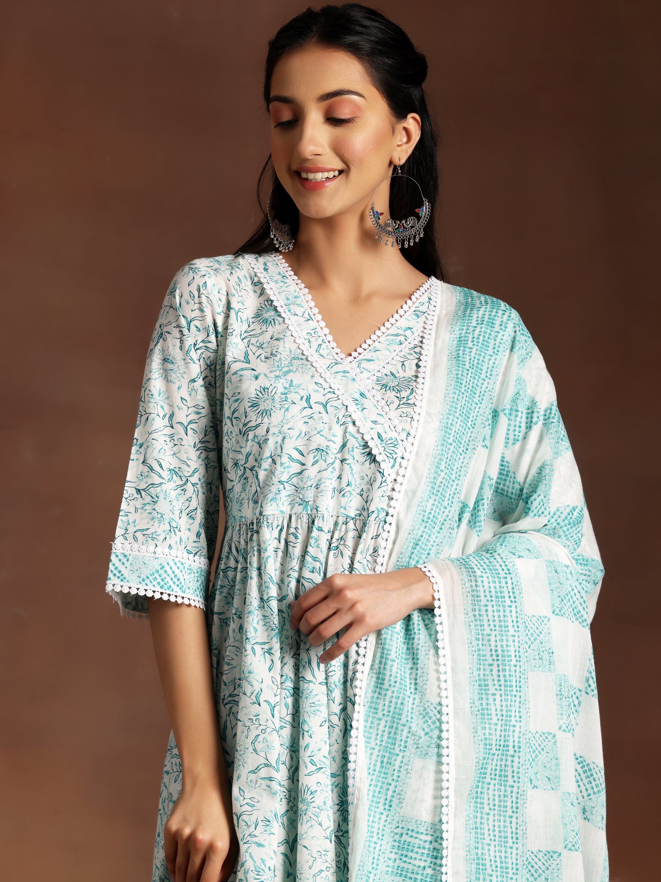 White Printed Cotton A-Line Kurta With Trousers & Dupatta