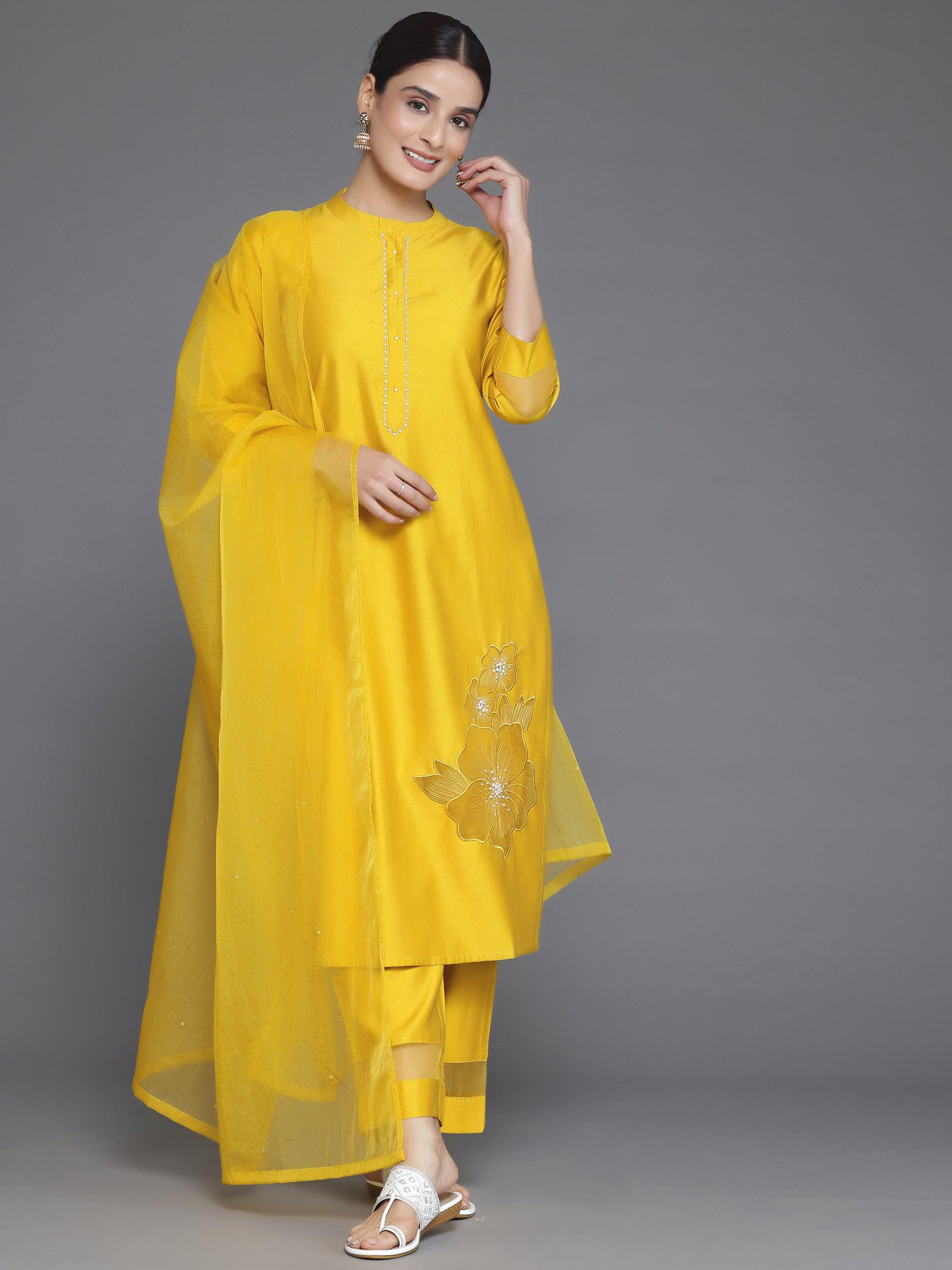 Yellow Solid Silk Blend Straight Suit With Dupatta