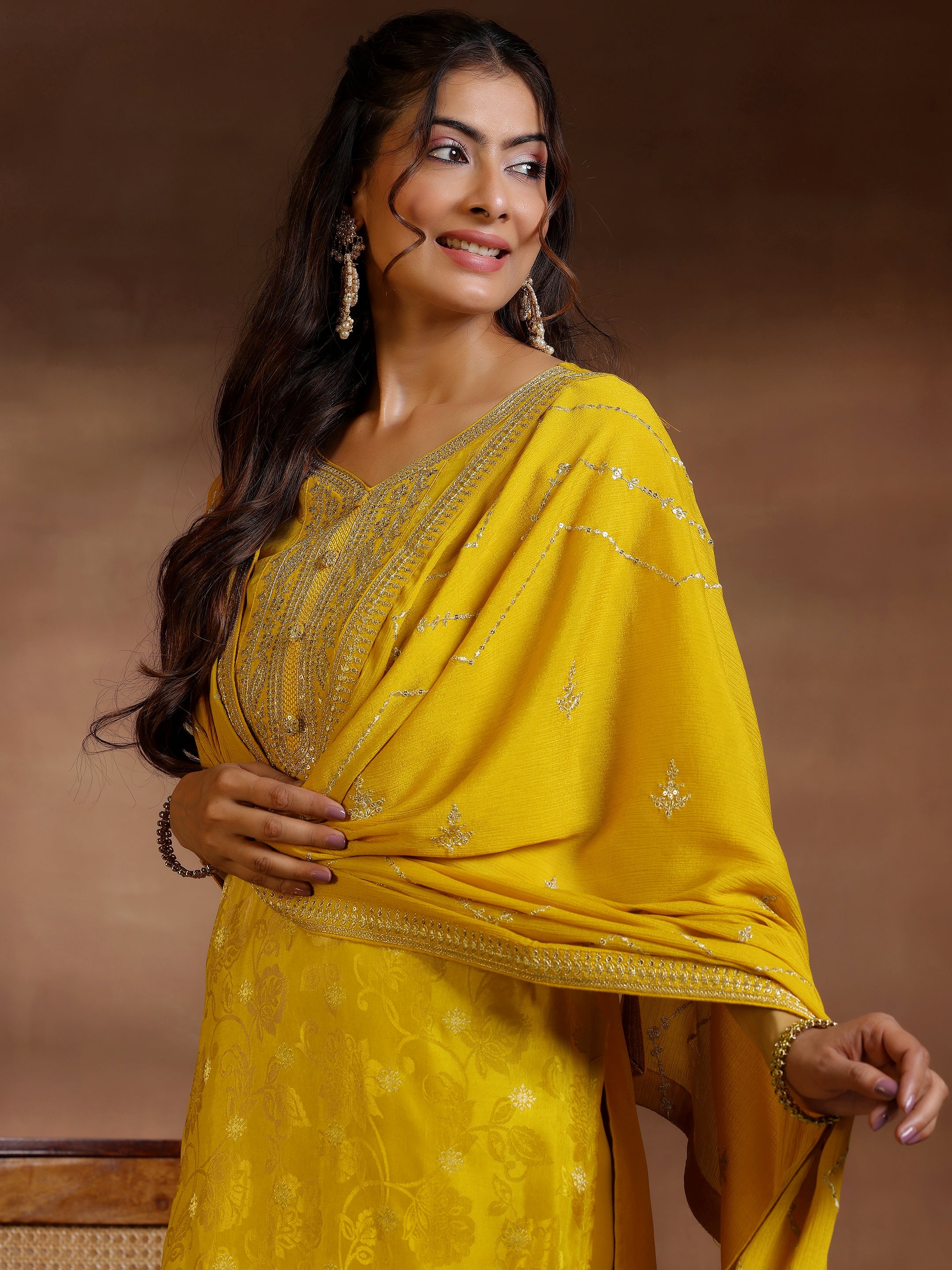 Mustard Woven Design Silk Blend Straight Suit With Dupatta