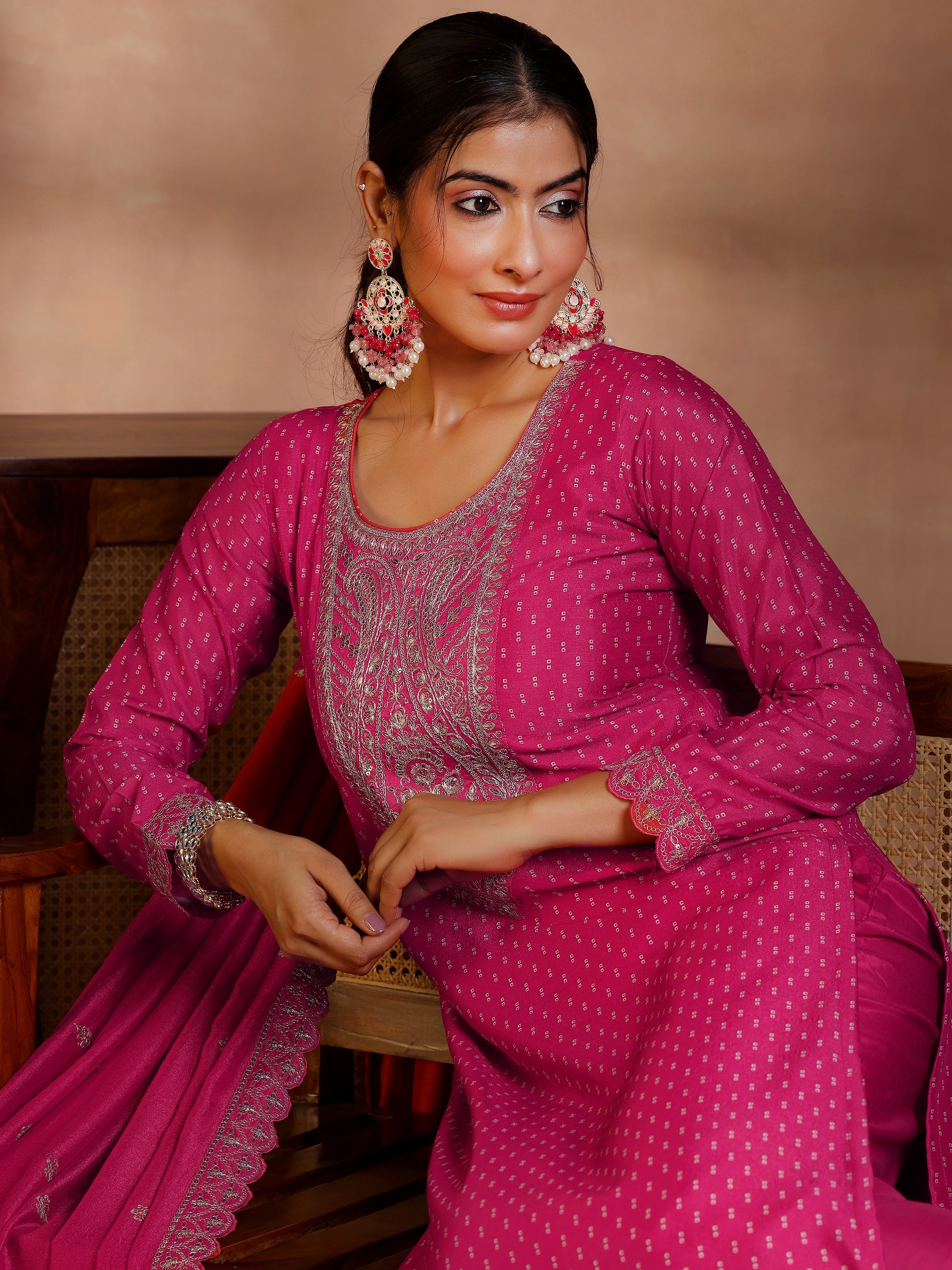 Pink Printed Silk Blend Straight Suit With Dupatta