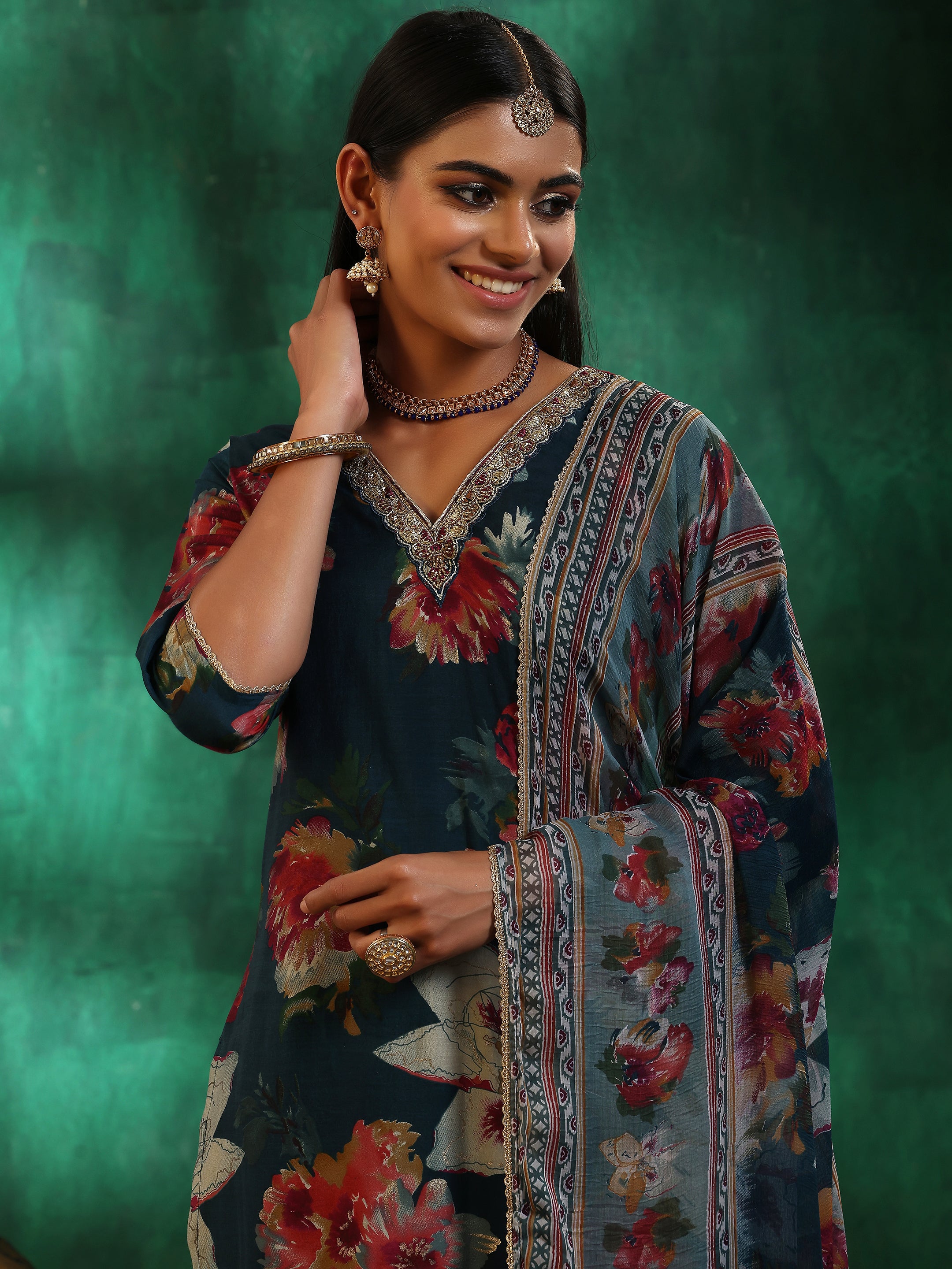 Teal Printed Silk Blend Straight Suit With Dupatta