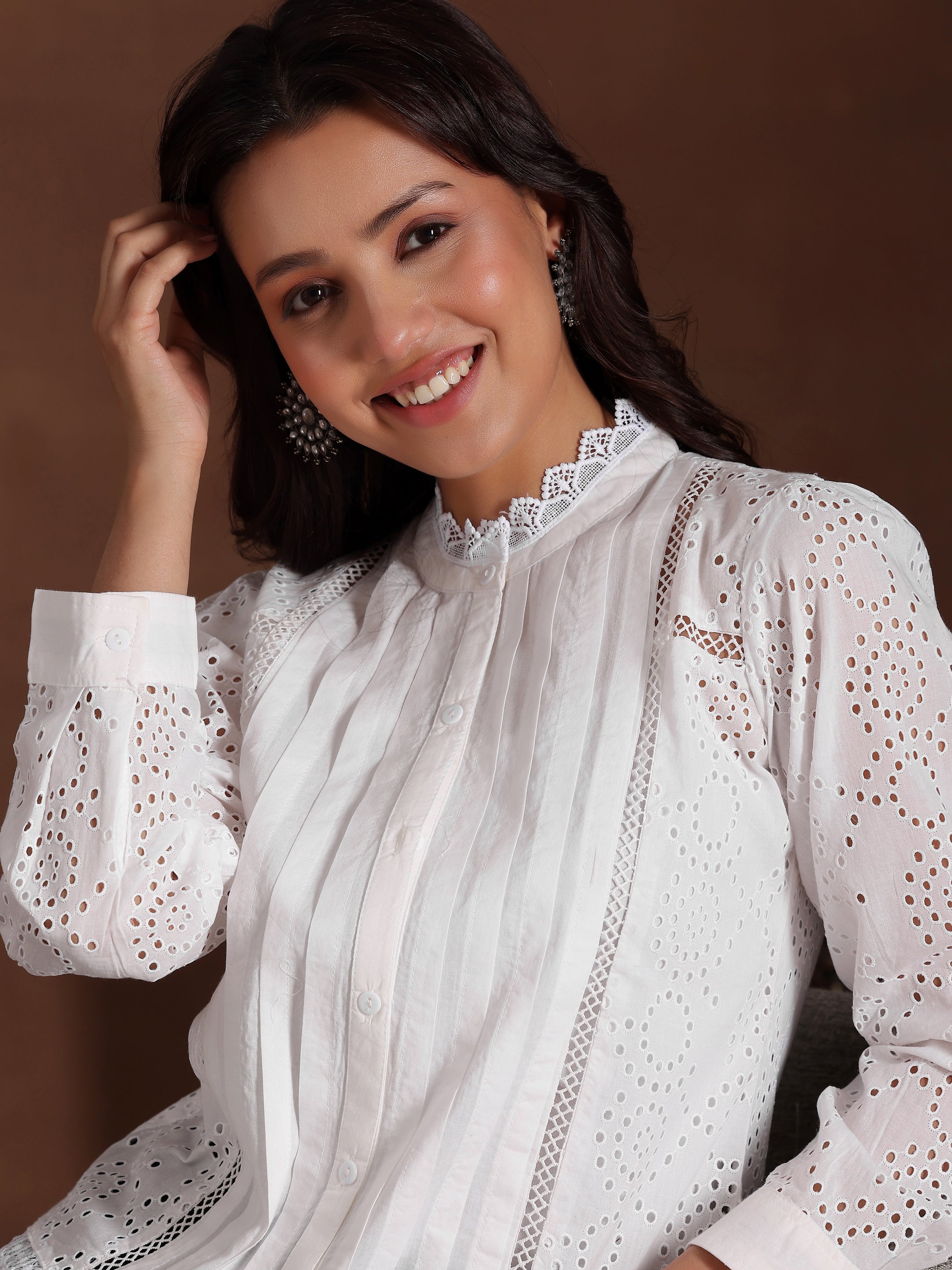 White Embroidered Cotton Straight Kurti