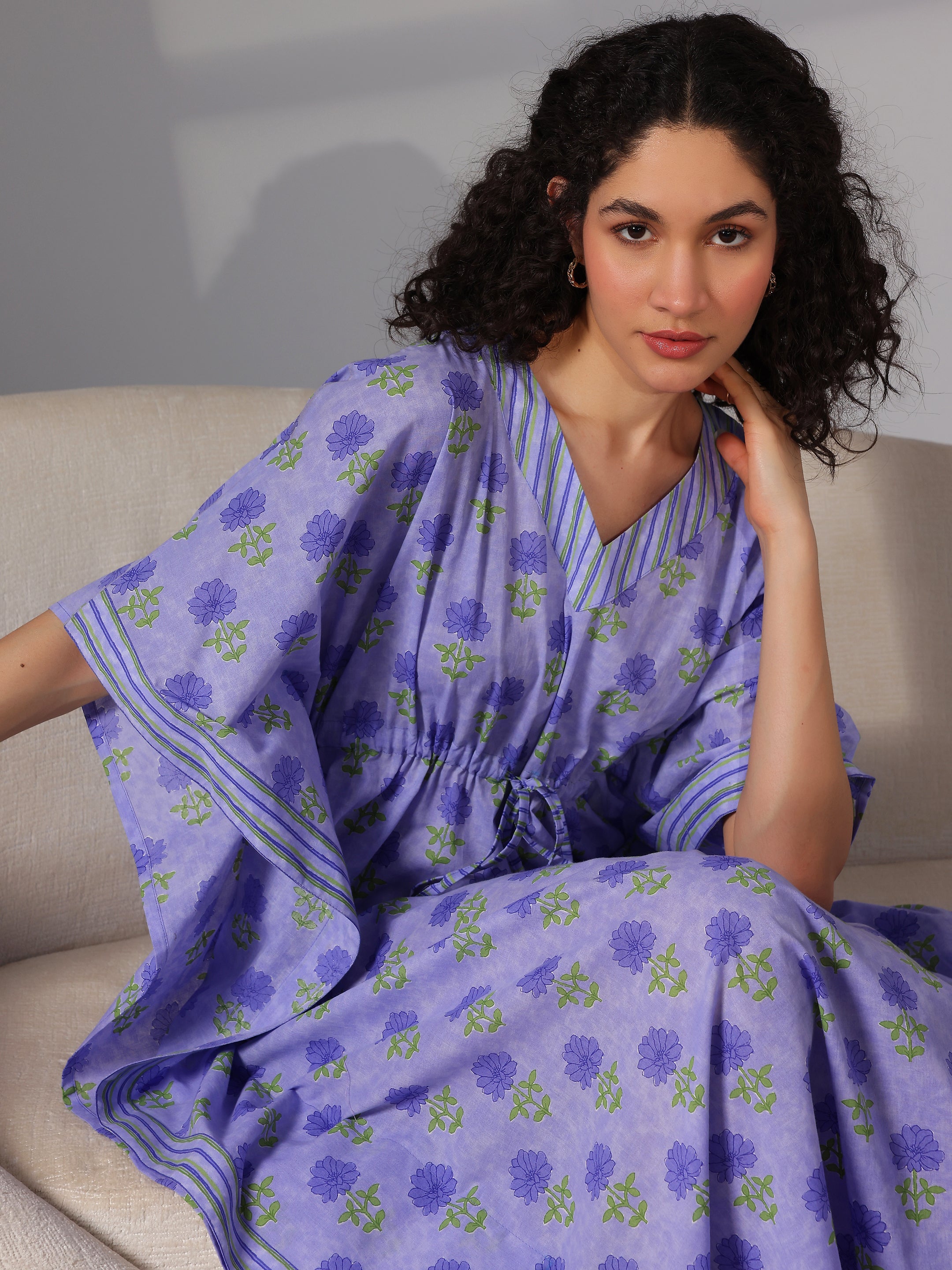 Purple Printed Cotton Kaftan Night Dress