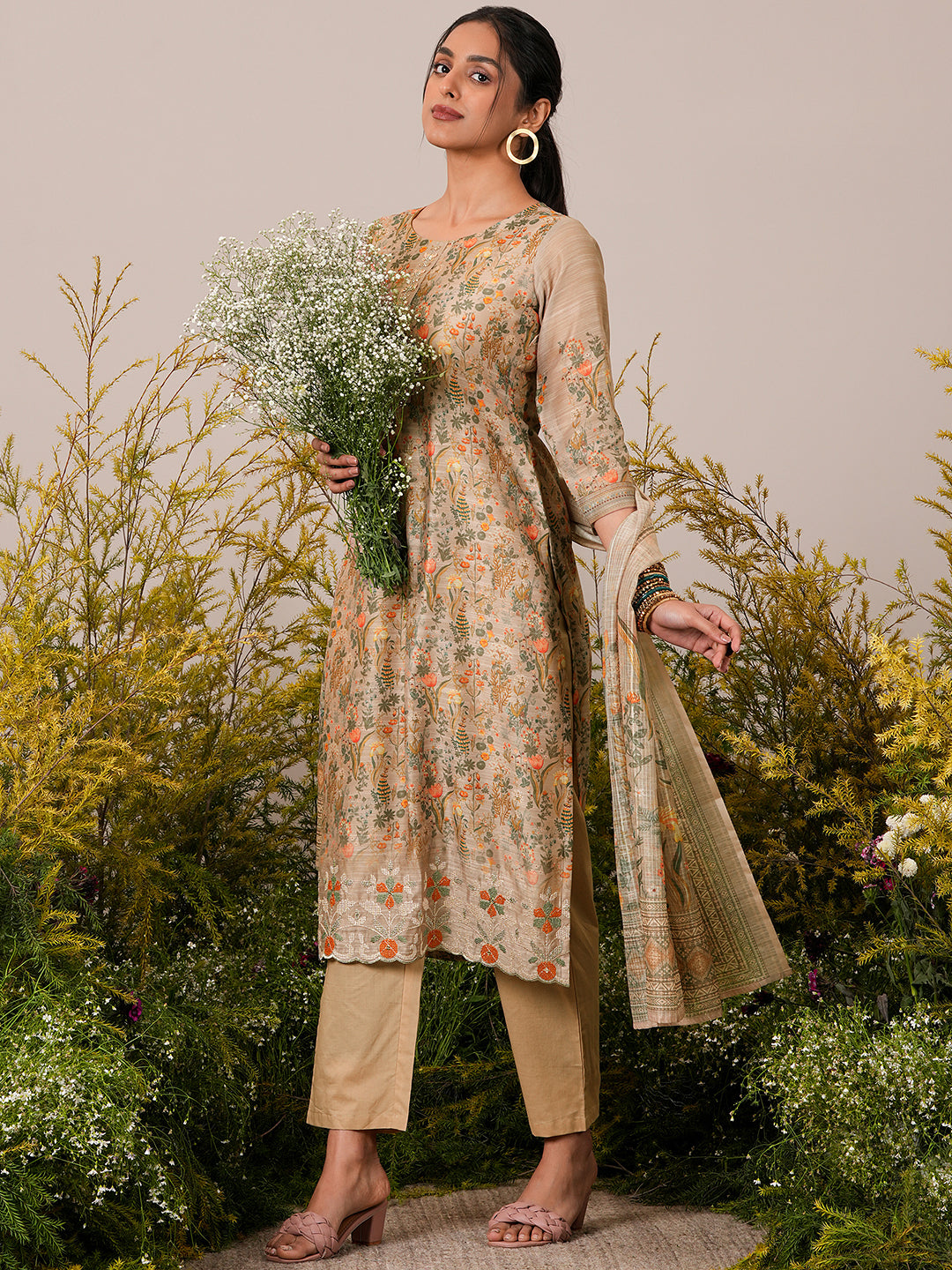 Tan Printed Chanderi Silk Straight Suit With Dupatta