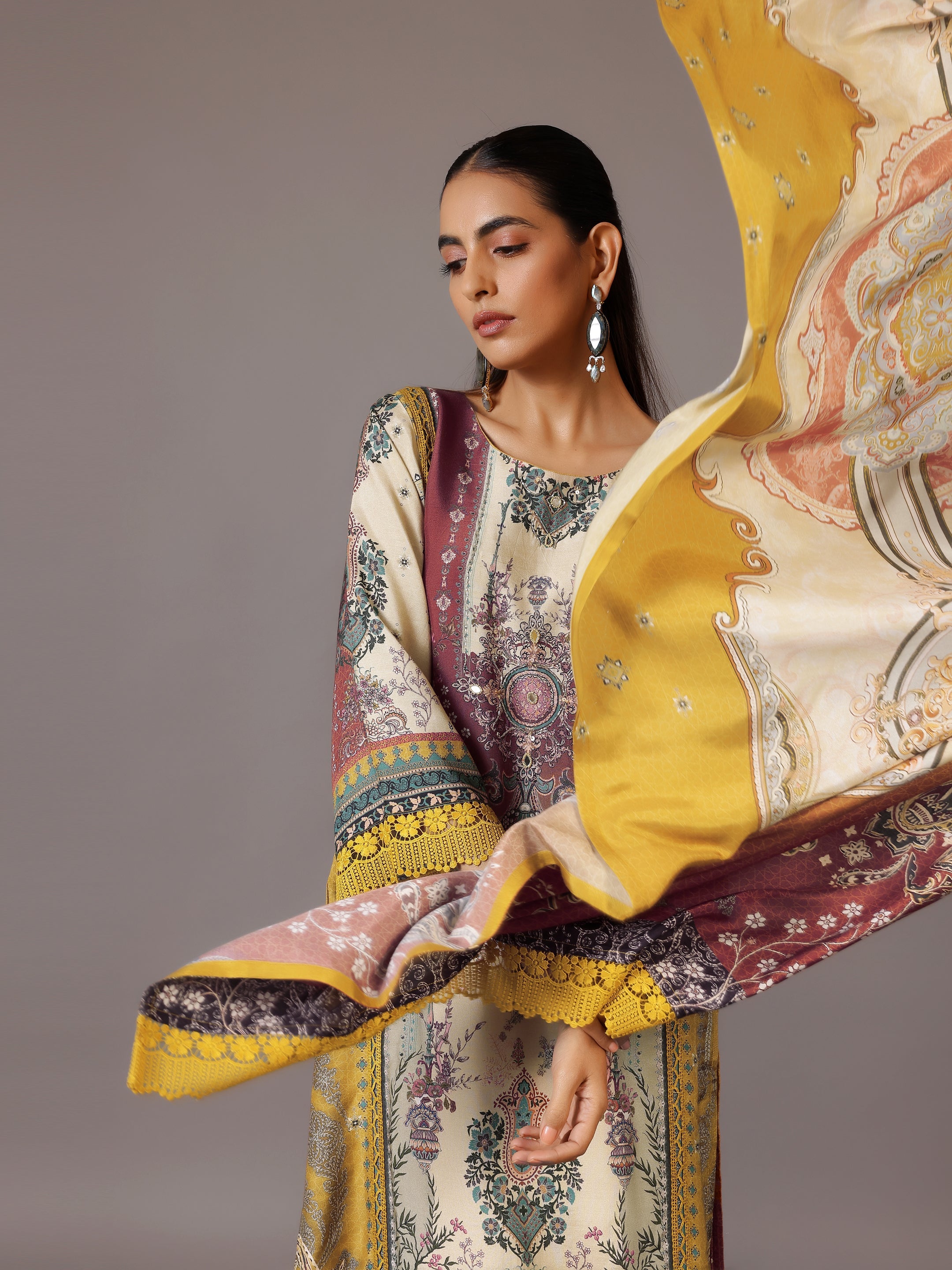 Mustard Printed Silk Blend Straight Suit With Dupatta