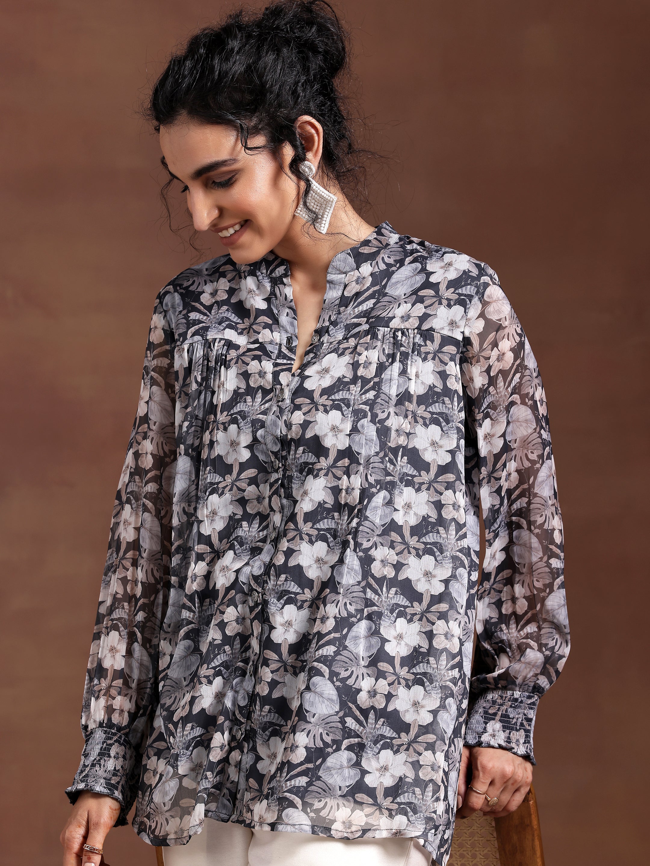 Grey Printed Chiffon A-Line Kurti