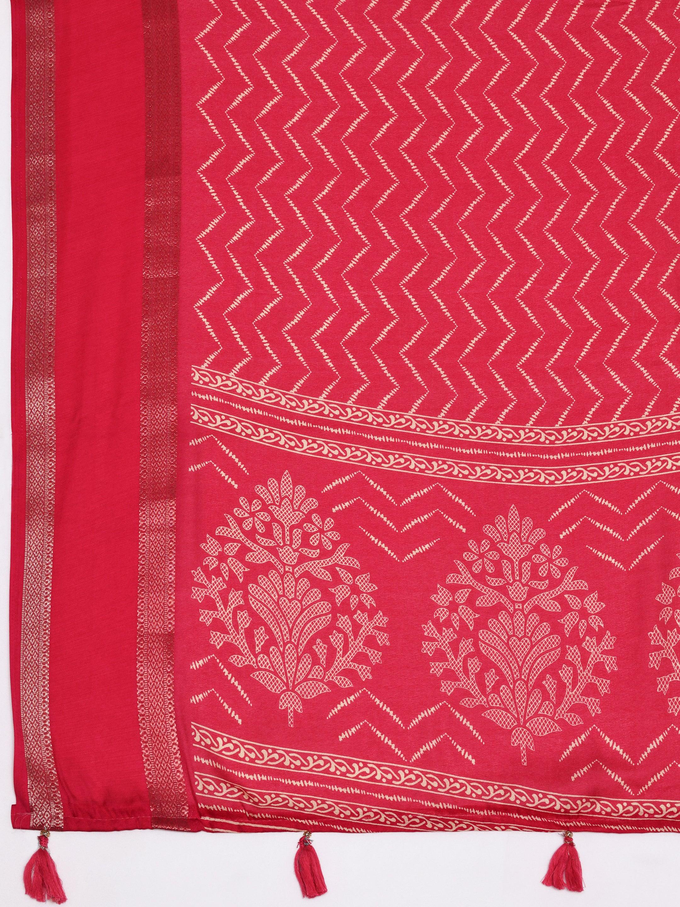 Pink Printed Silk Blend Saree With Unstitched Blouse Piece