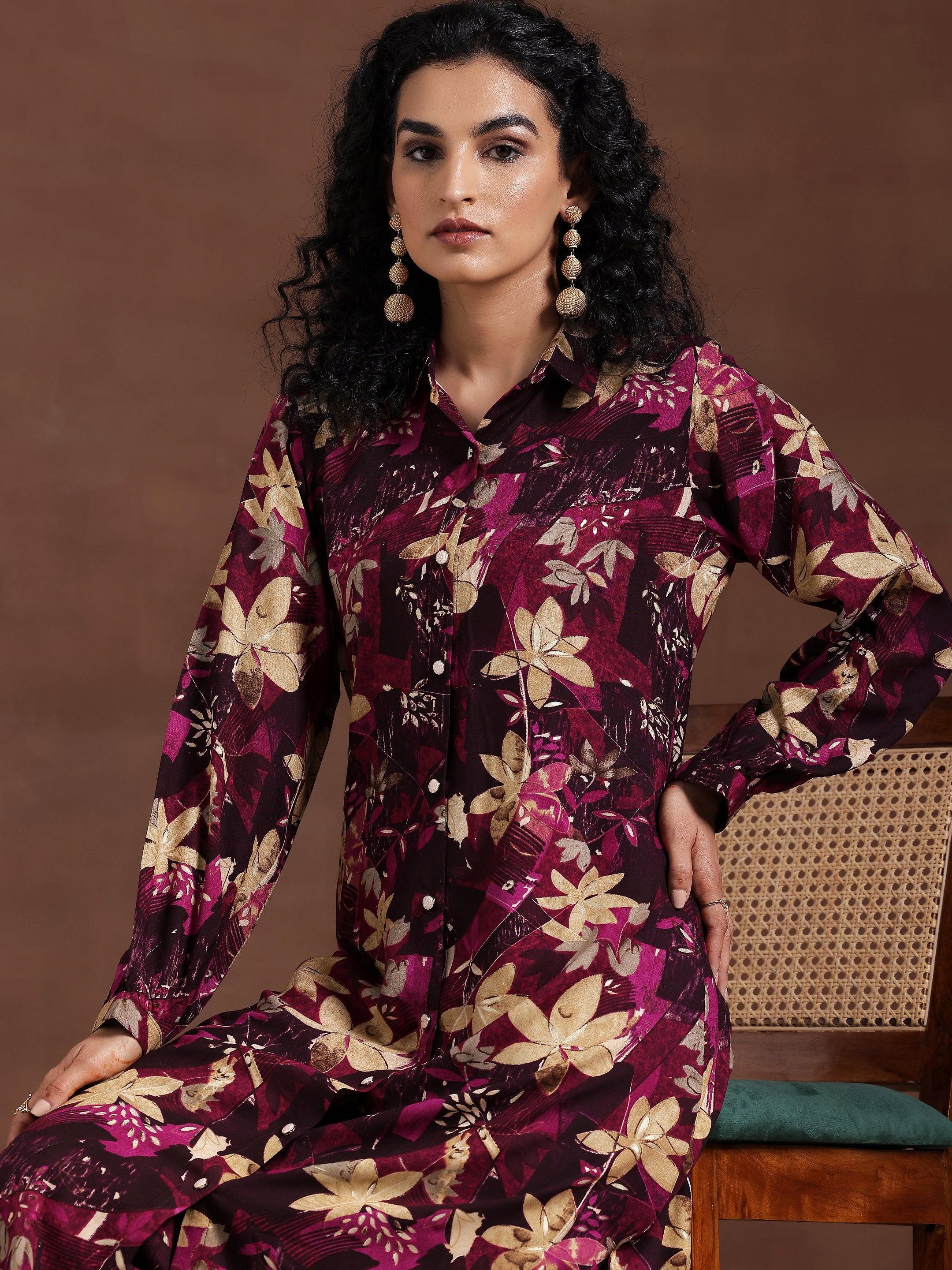 Wine Printed Silk Blend Co-Ords