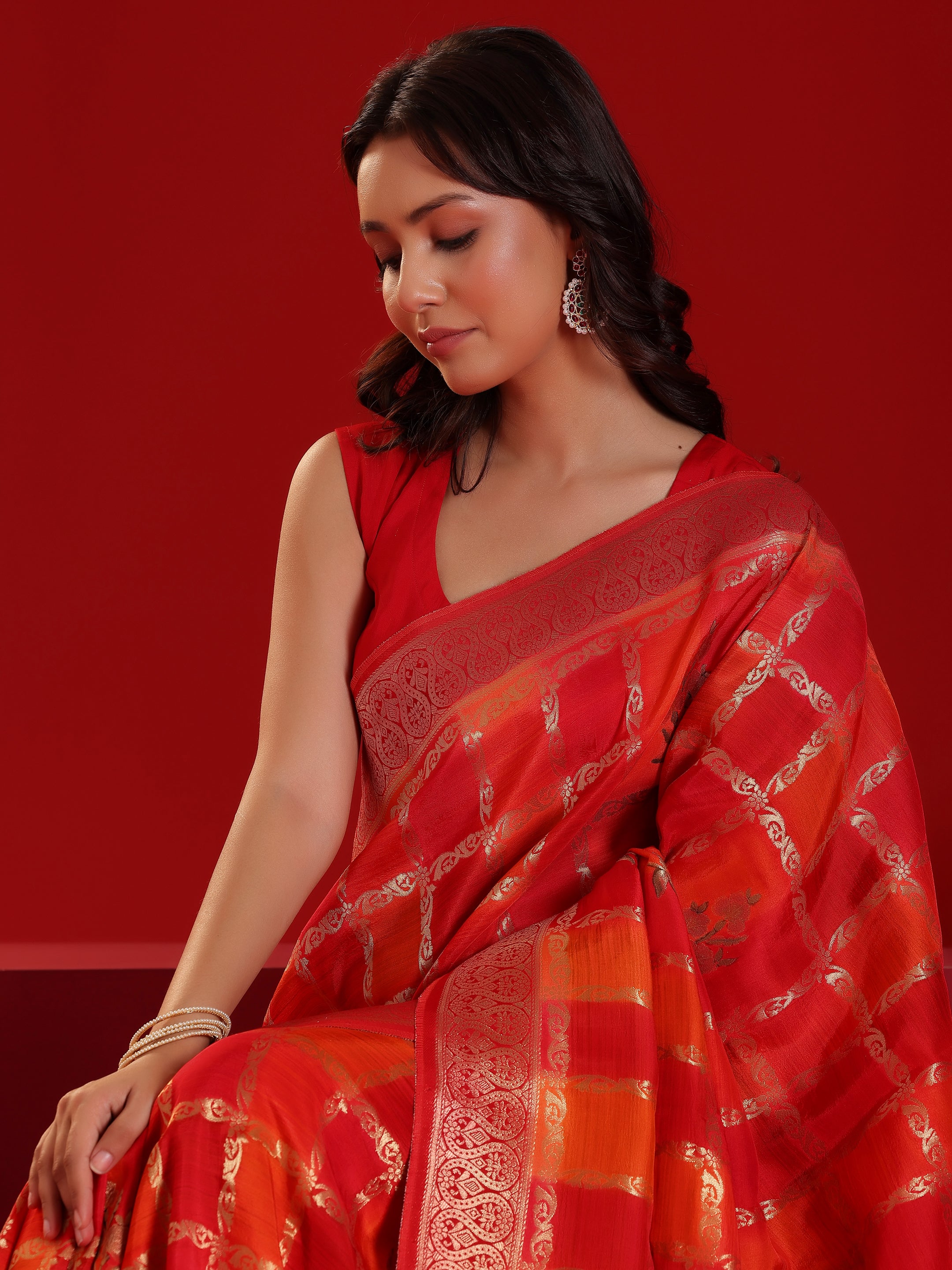 Libas Art Orange Woven Design Satin Saree With Unstitched  Blouse Piece