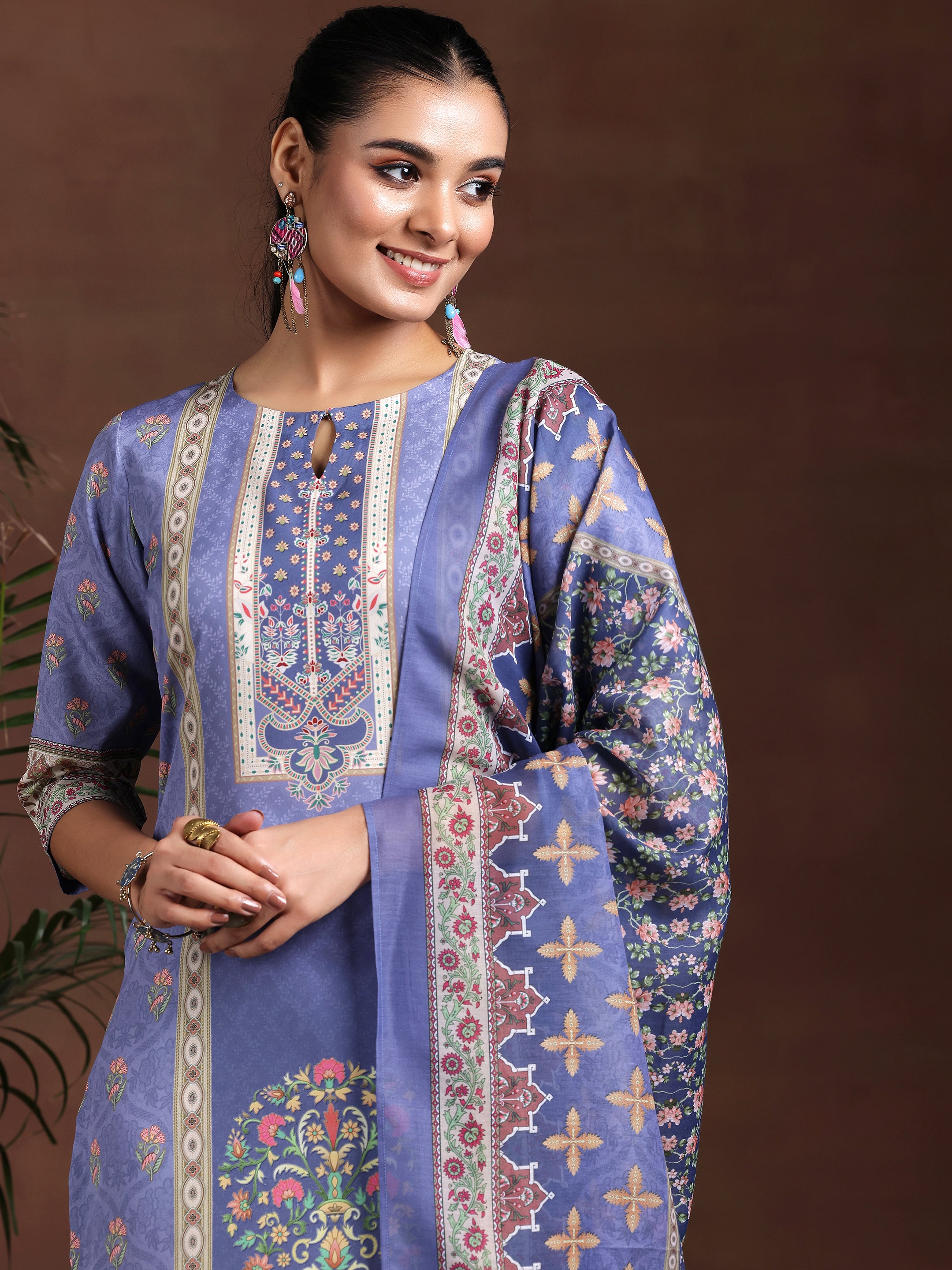 Purple Printed Poly Crepe Straight Suit With Dupatta