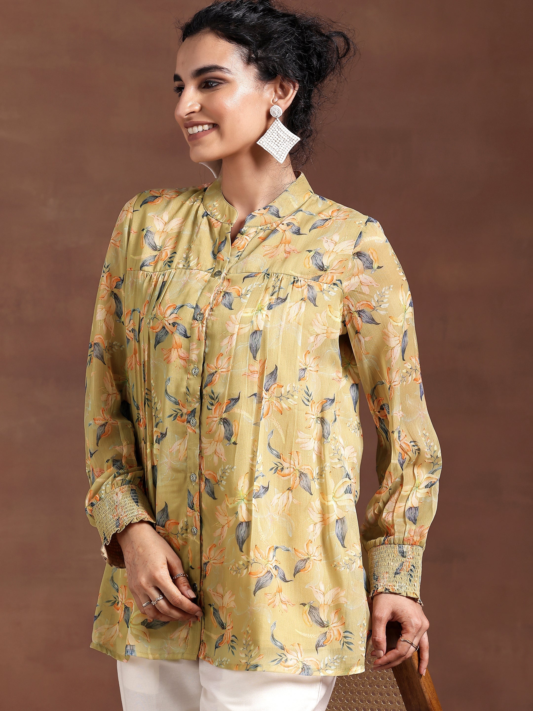 Mustard Printed Chiffon A-Line Kurti