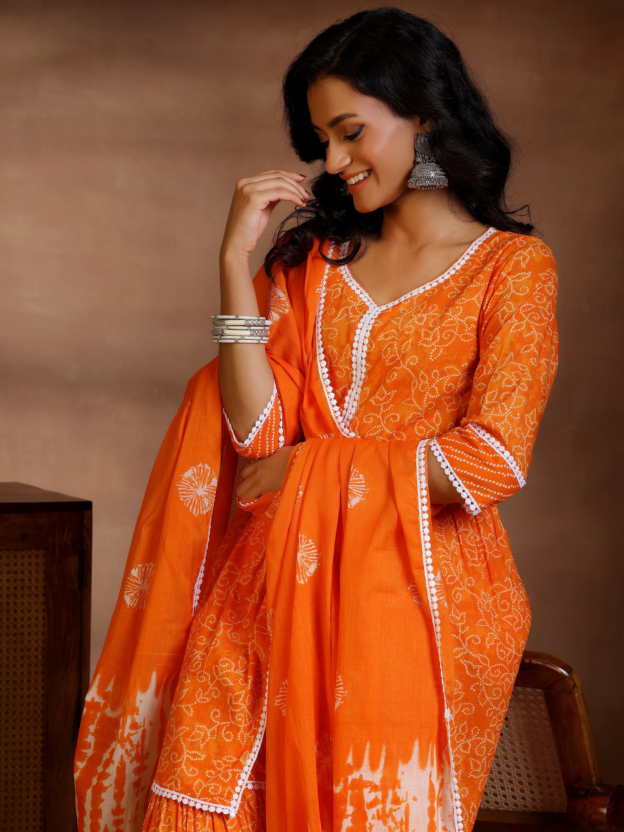 Orange Printed Cotton A-Line Kurti With Sharara & Dupatta