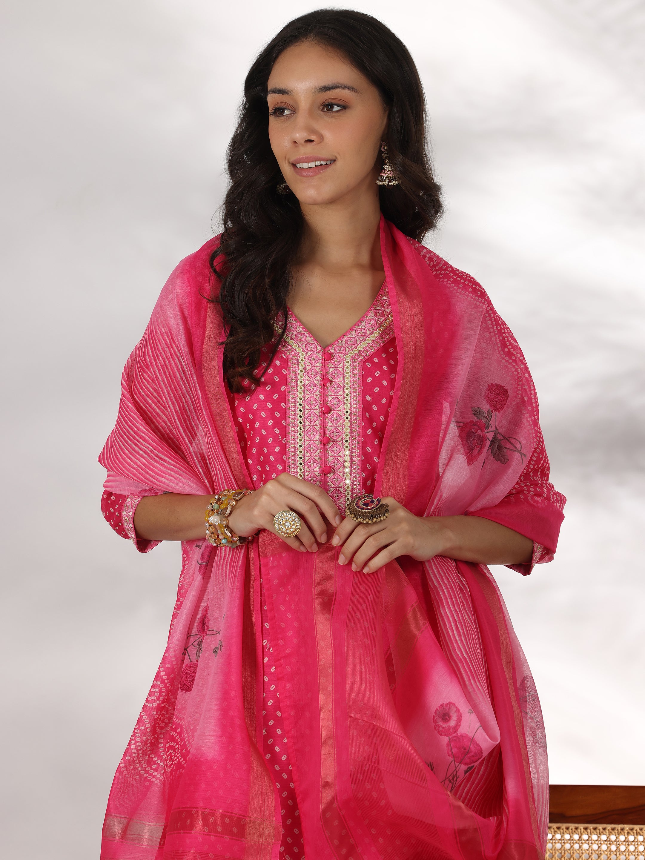 Pink Printed Silk Blend Straight Suit With Dupatta