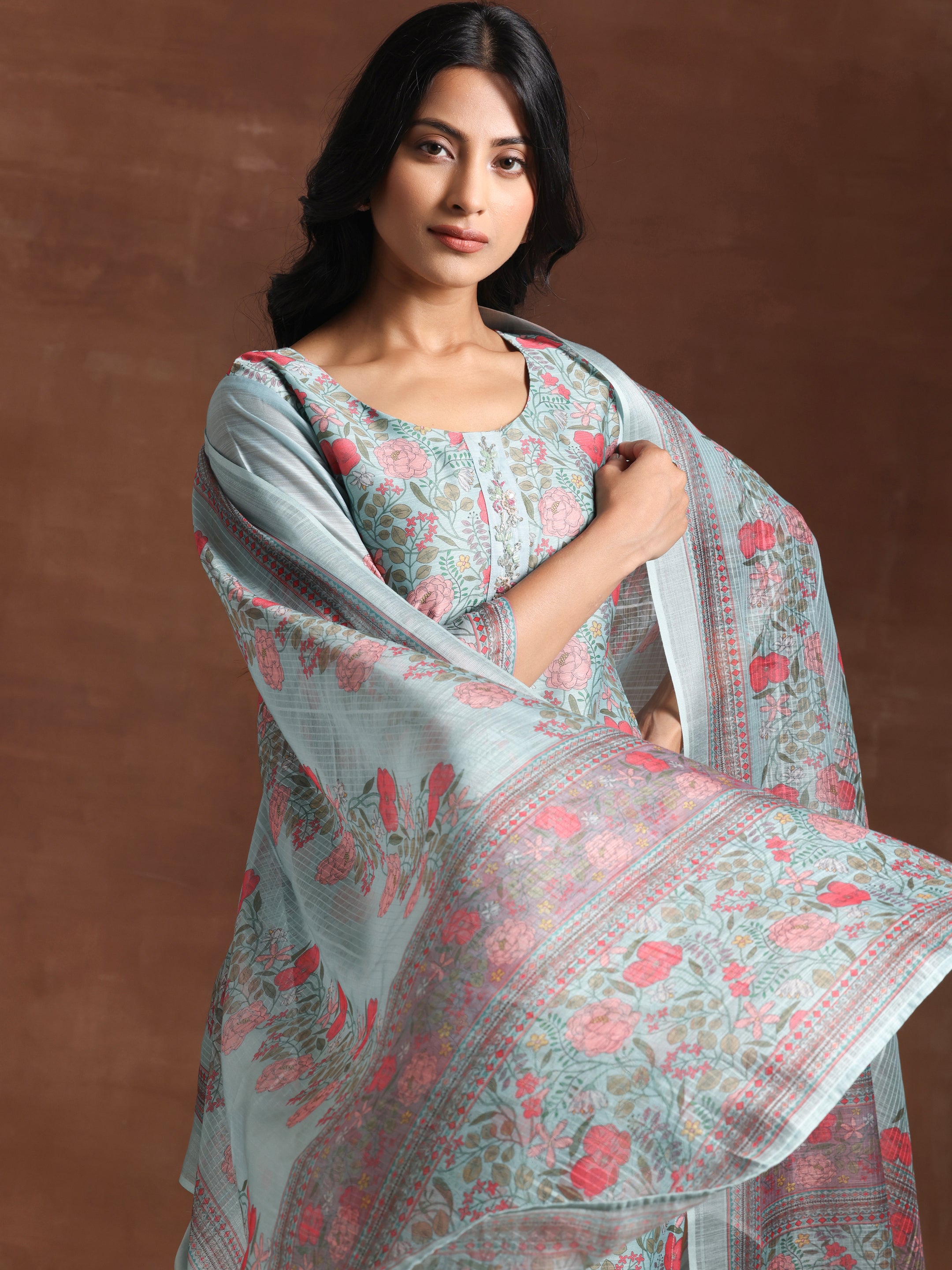 Green Printed Chanderi Silk Straight Suit With Dupatta