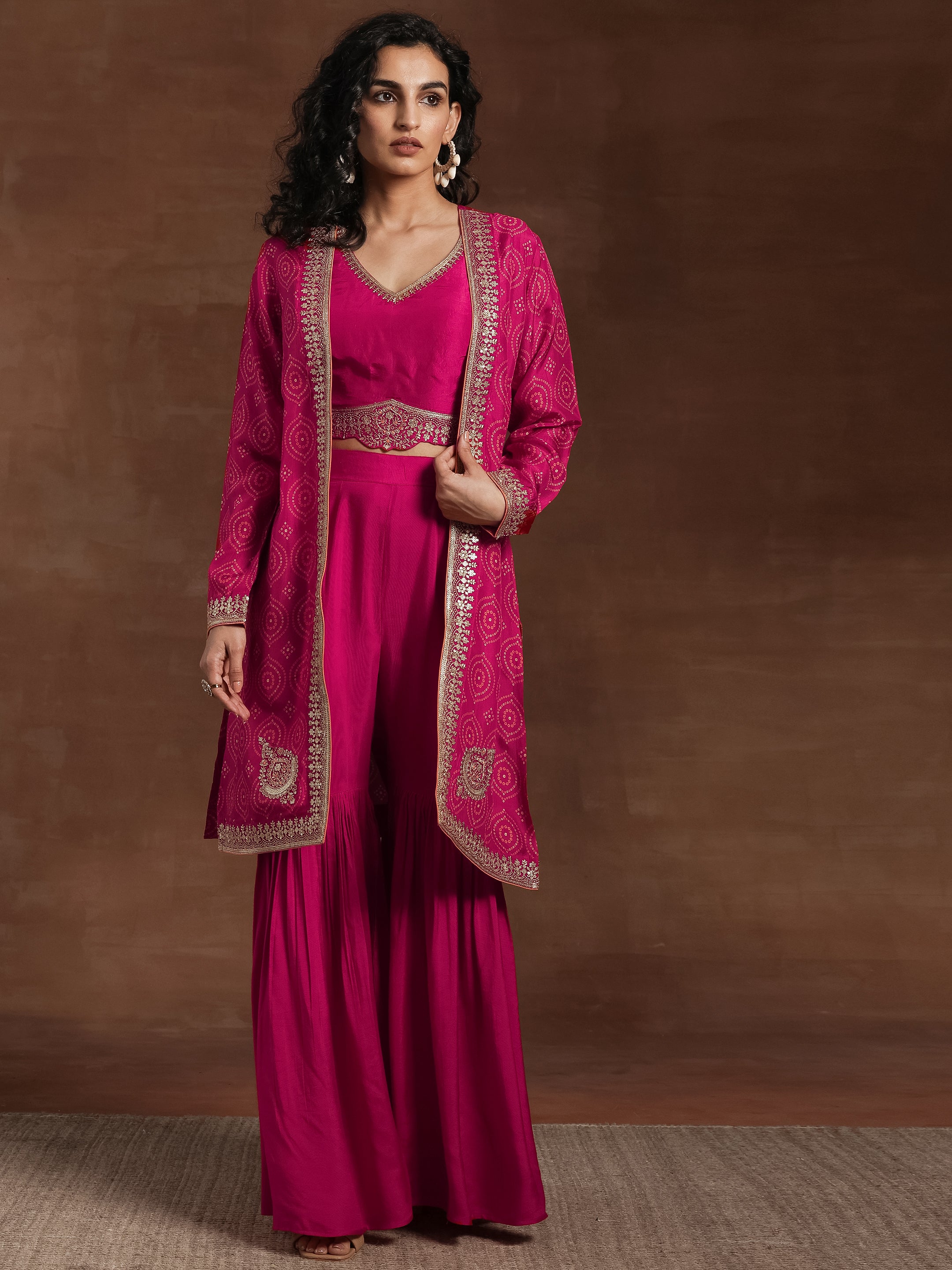 Pink Embroidered Silk Blend 3 Piece Co-Ords