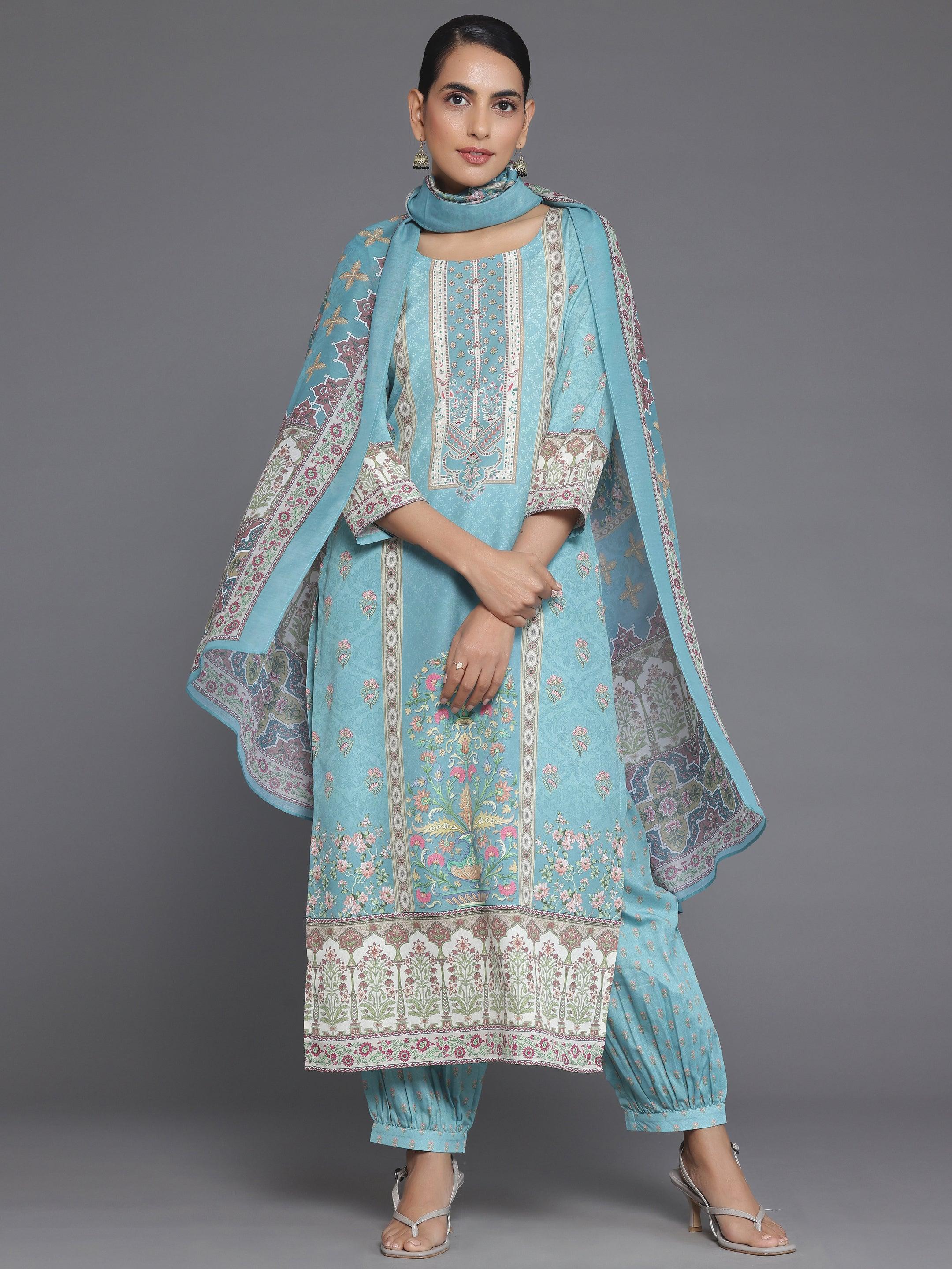 Blue Printed Poly Crepe Straight Suit With Dupatta