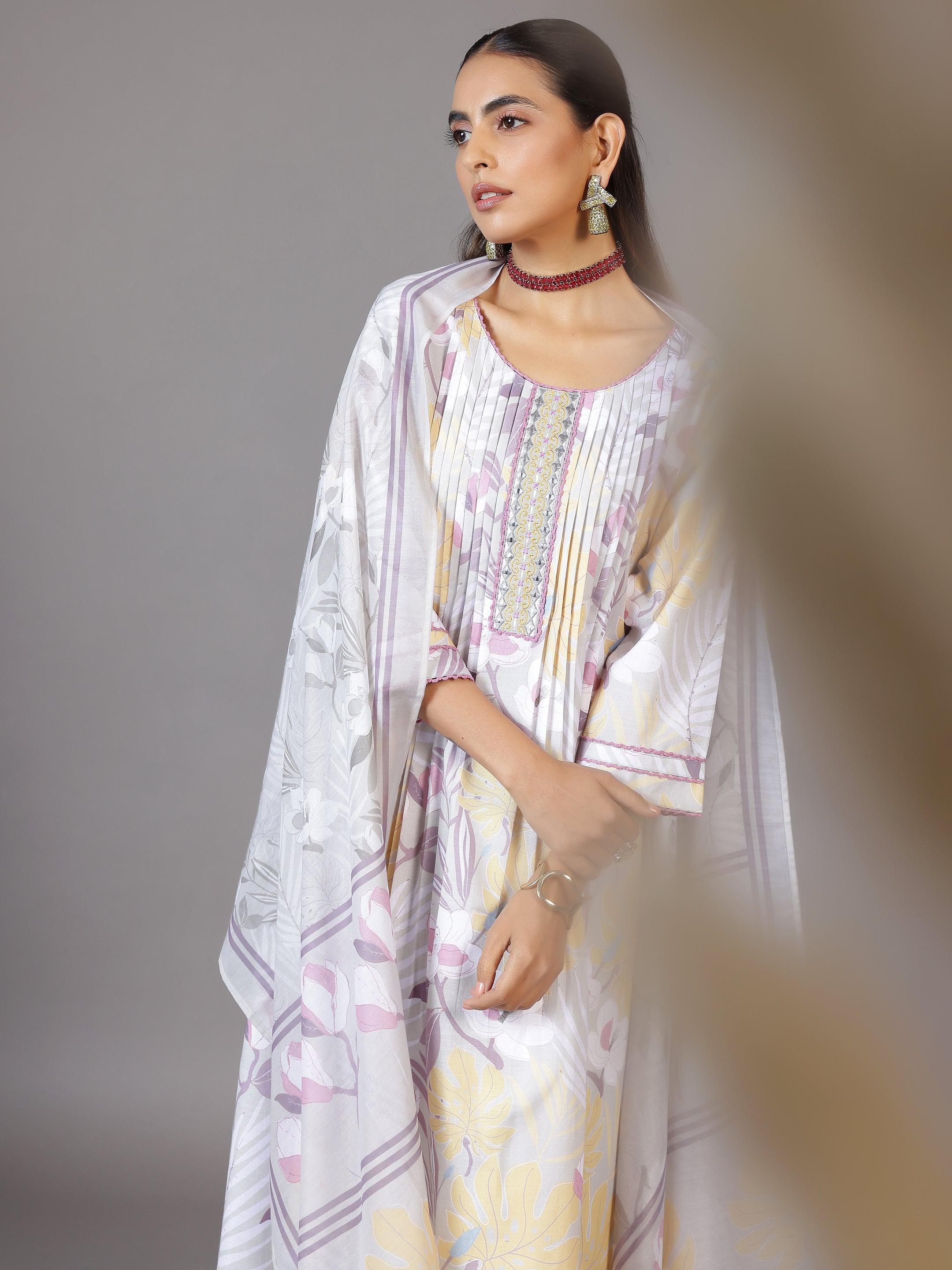 Grey Printed Cotton Blend A-Line Kurta With Palazzos & Dupatta