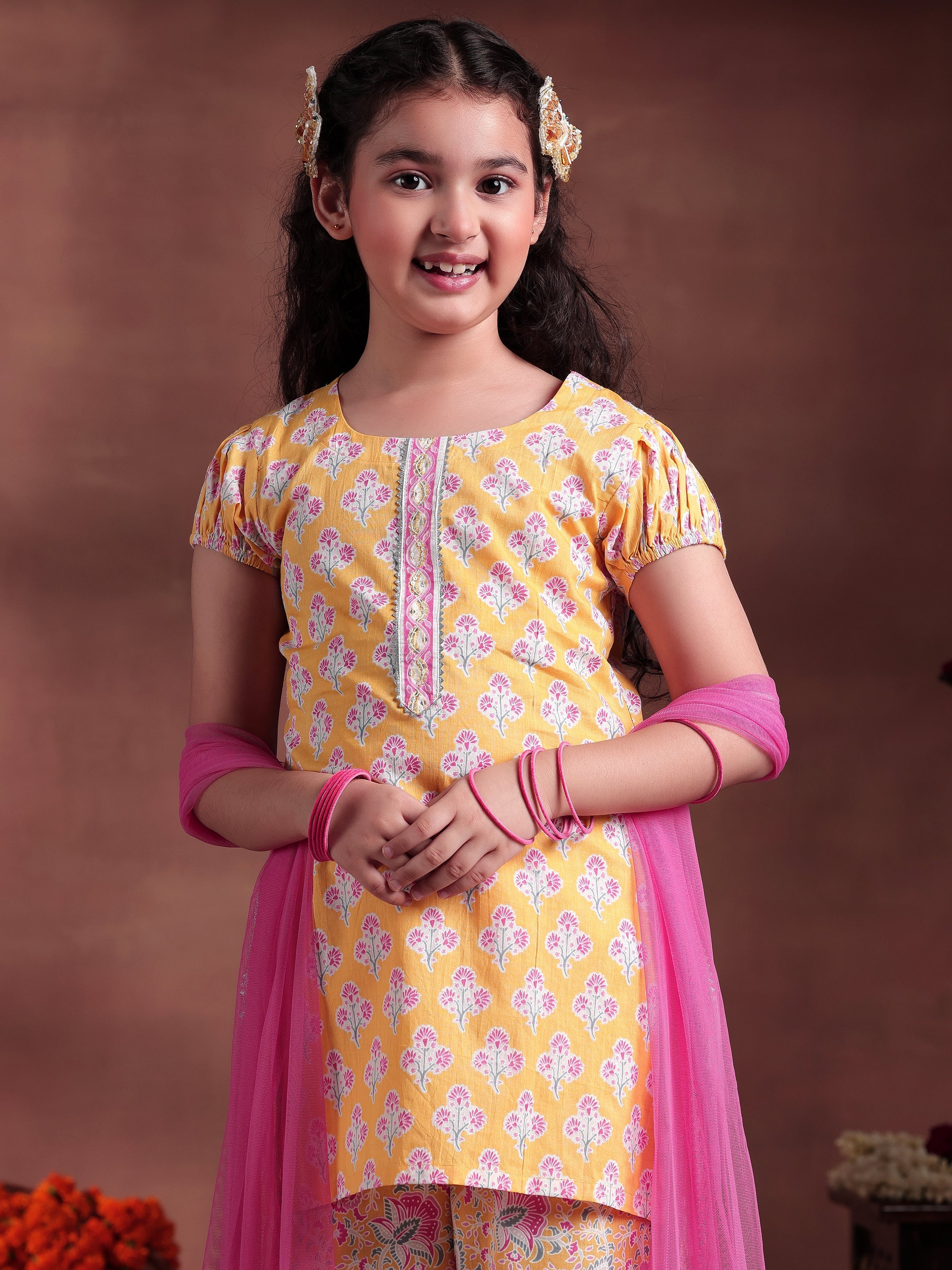 Kids Yellow Printed Cotton Straight Suit With Dupatta