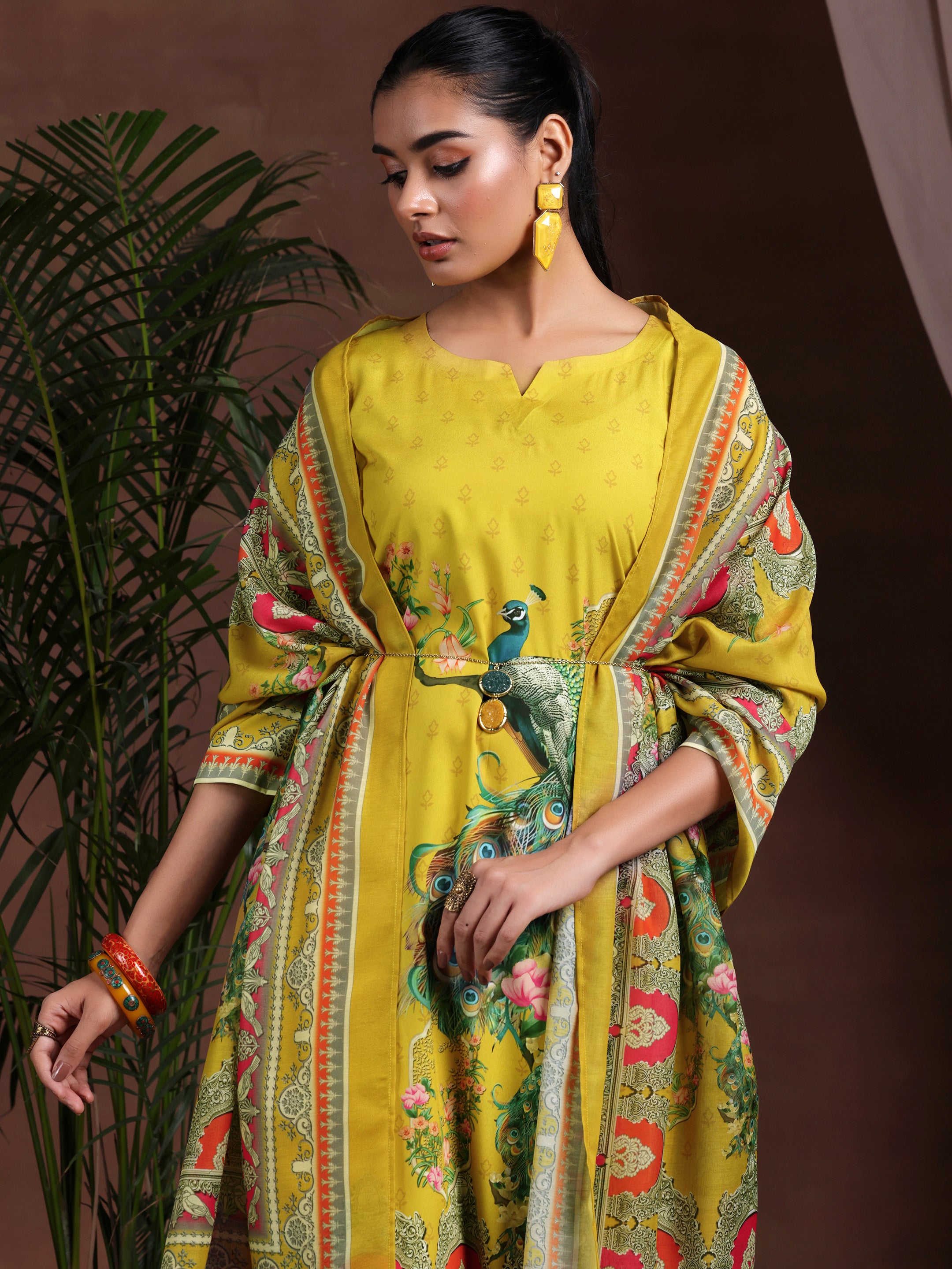 Mustard Printed Poly Crepe Straight Suit With Dupatta