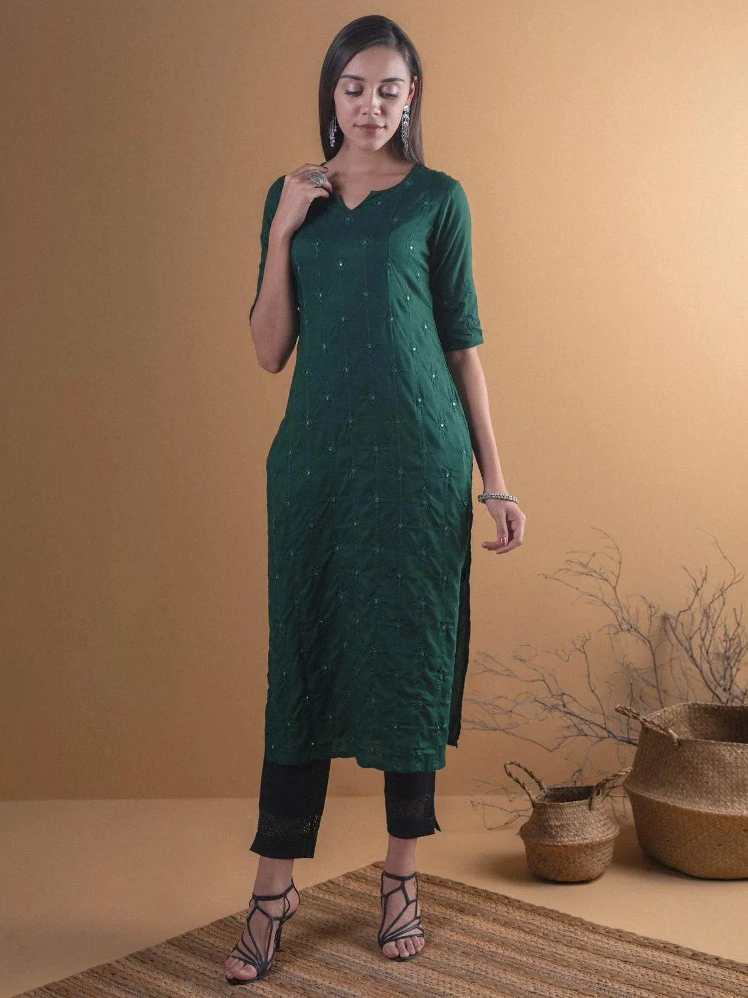 Green Embroidered Rayon Kurta