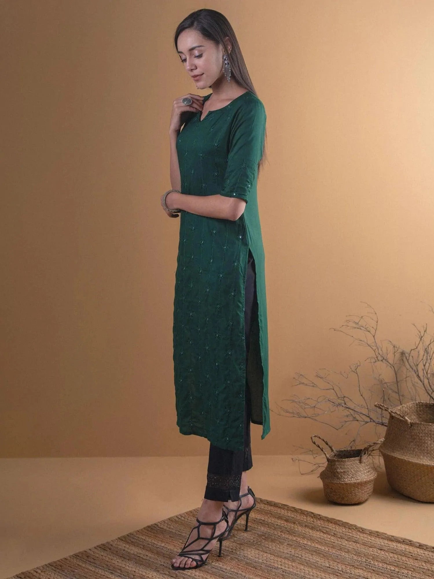 Green Embroidered Rayon Kurta