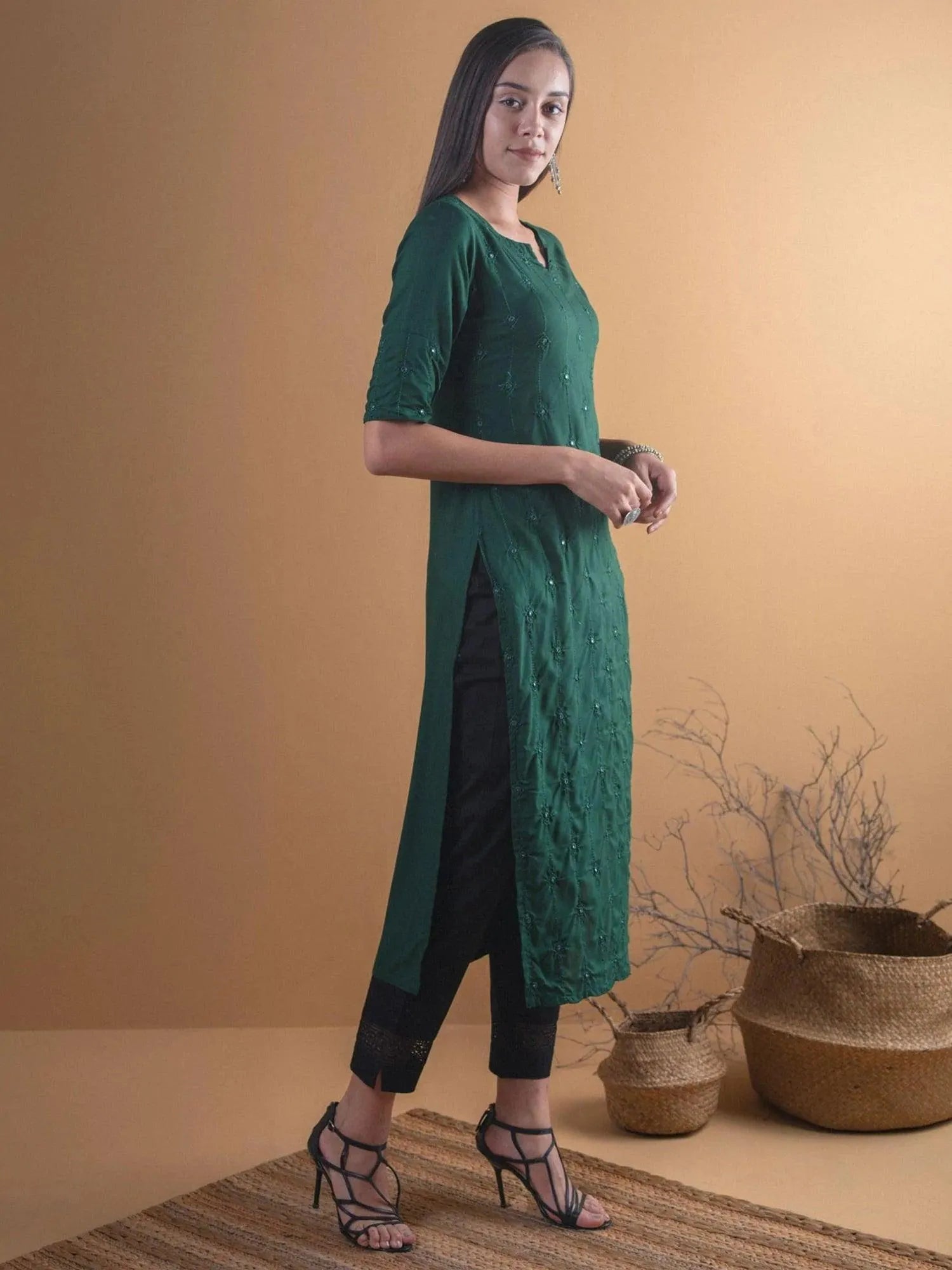 Green Embroidered Rayon Kurta