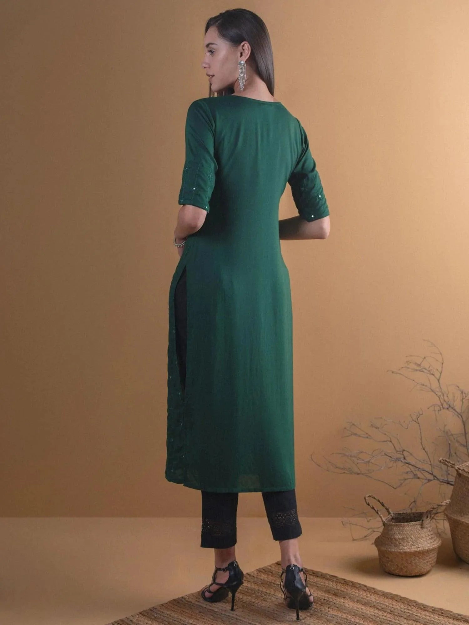 Green Embroidered Rayon Kurta