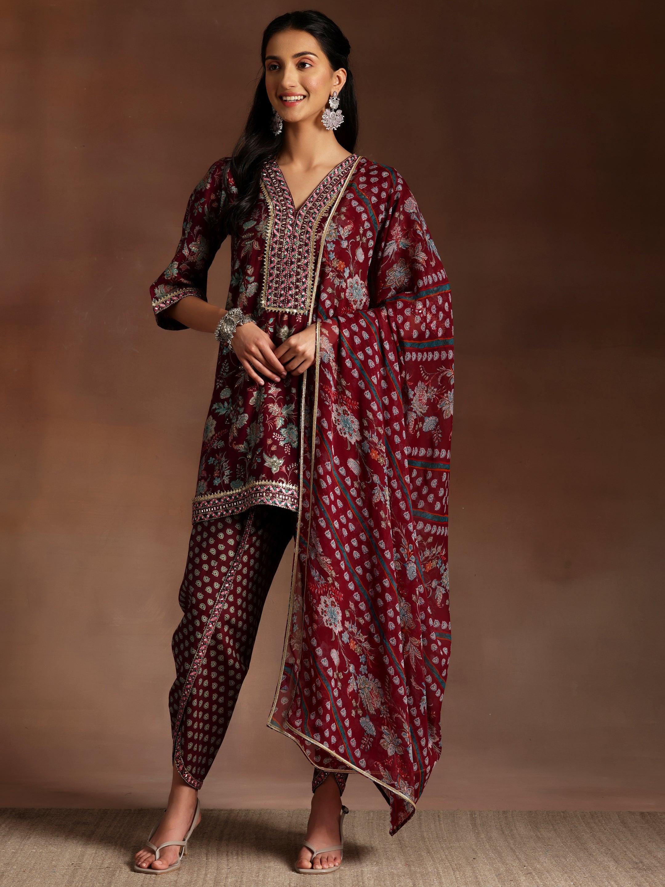 Burgundy Printed Silk Blend Straight Suit With Dupatta