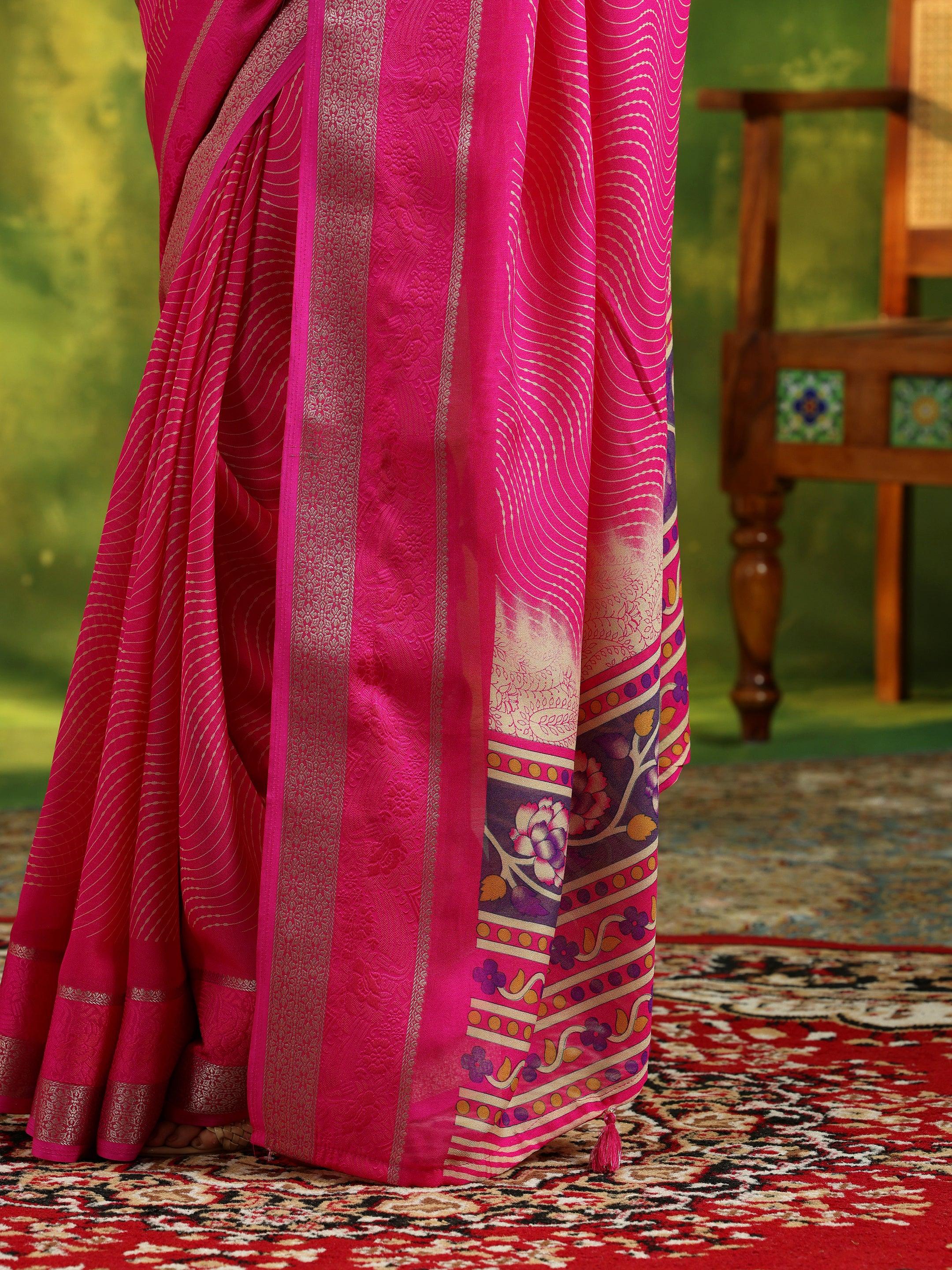 Pink Printed Silk Blend Saree With Unstitched Blouse Piece