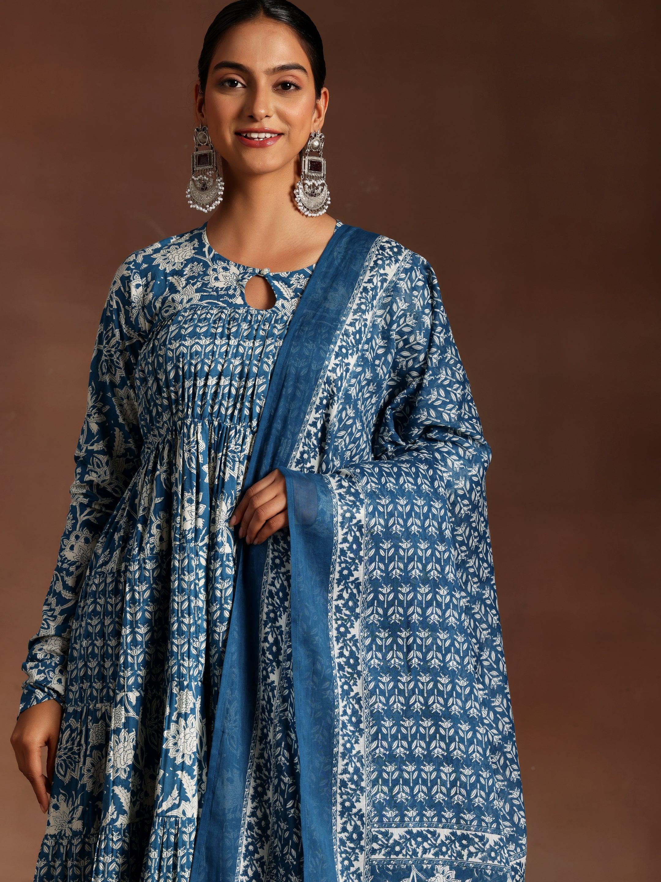 Blue Printed Cotton A-Line Kurta With Trousers & Dupatta