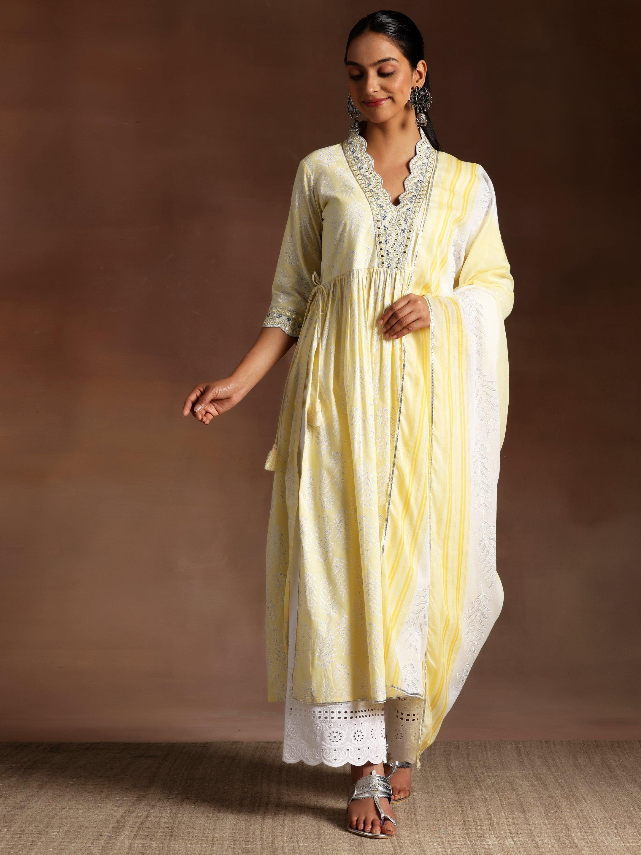 Mahnoor Yellow Printed Cotton A-Line Kurta With Palazzos & Dupatta