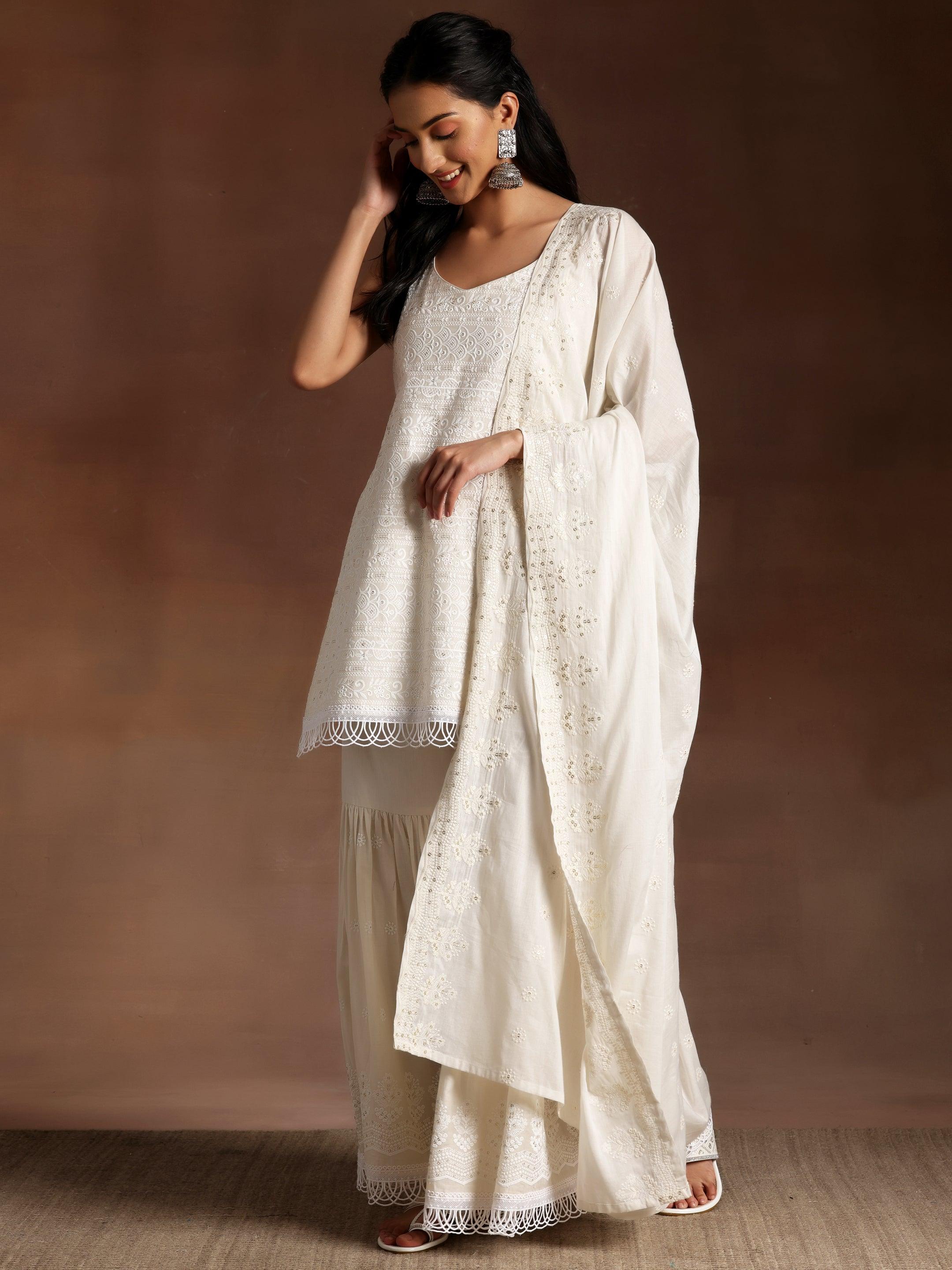 Off White Embroidered Cotton Straight Suit With Dupatta