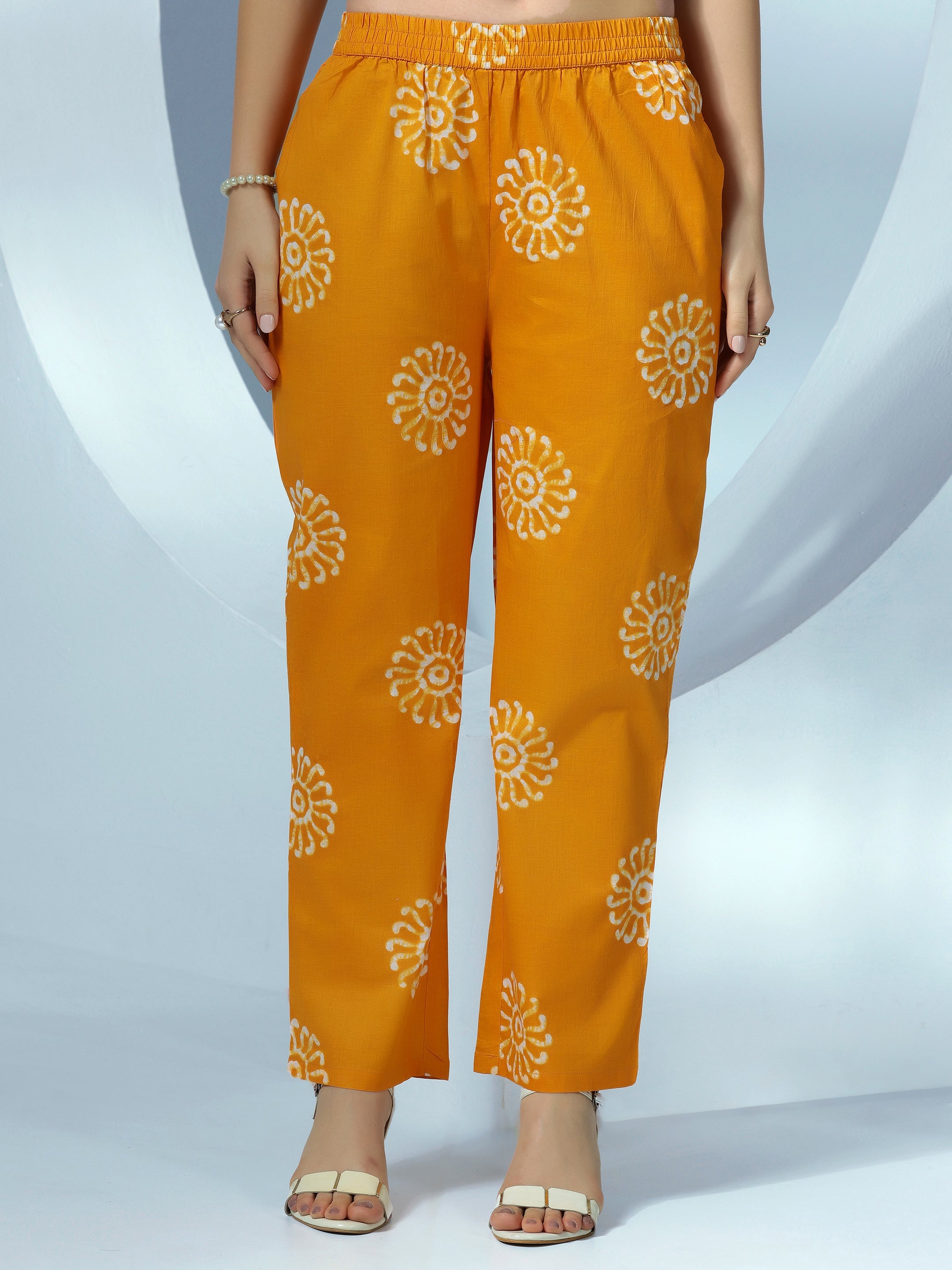 Mustard Printed Cotton Straight Suit With Dupatta