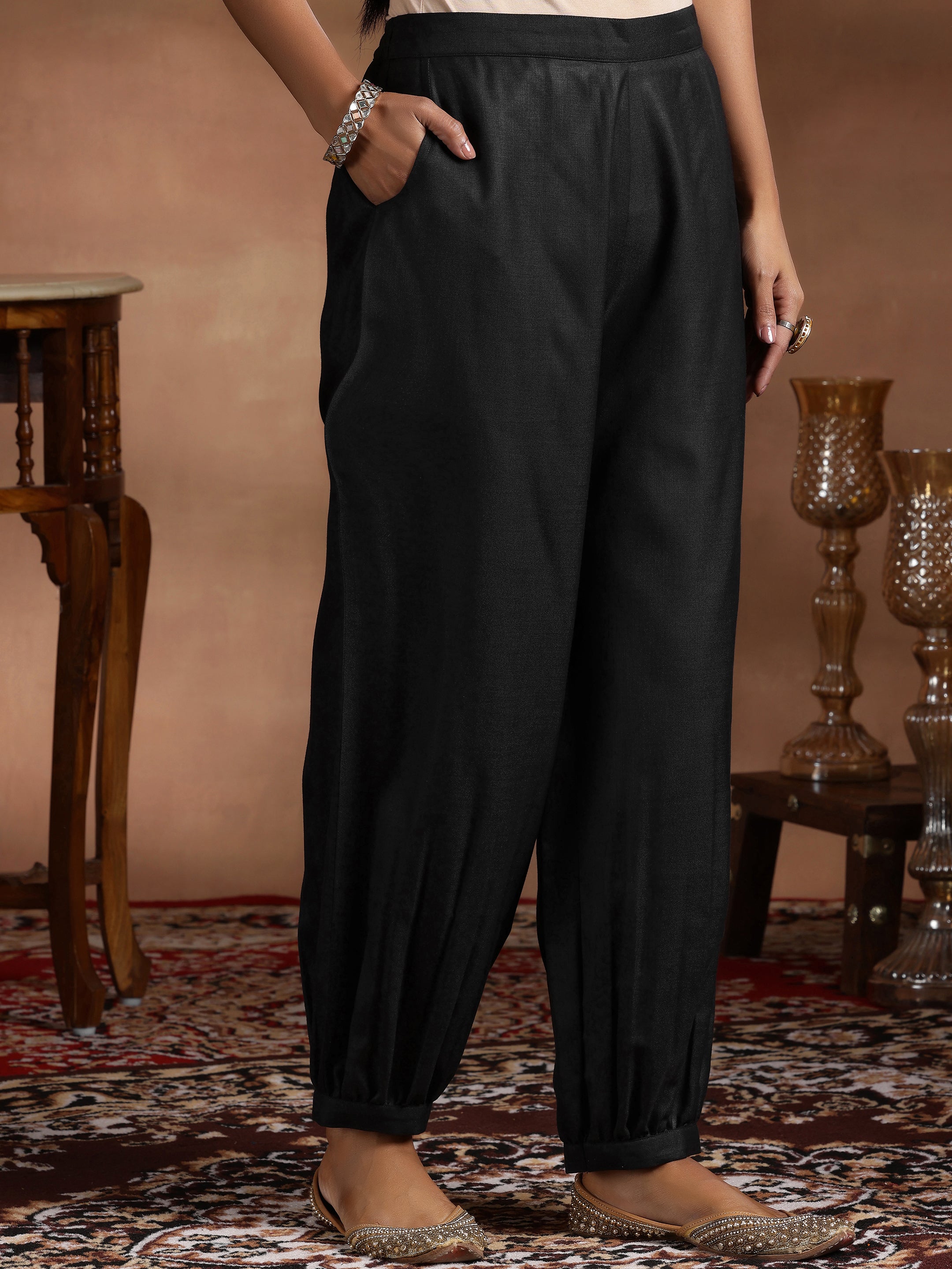 Black Solid Silk Blend Straight Suit With Dupatta