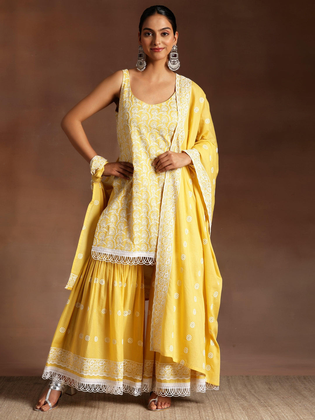 Surajmukhi Mustard Embroidered Cotton Straight Kurta With Sharara & Dupatta - ShopLibas