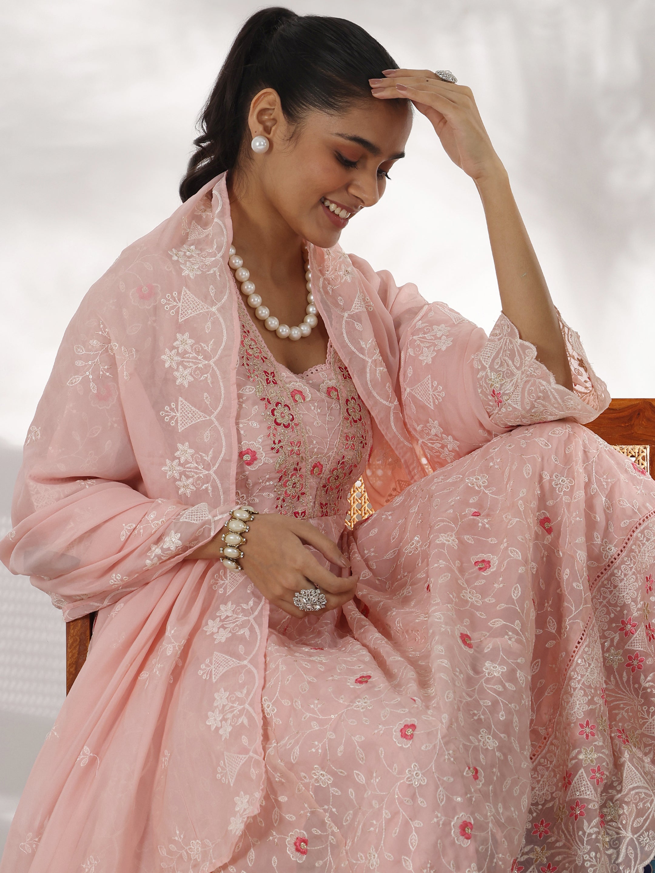 Pink Embroidered Organza Anarkali Suit With Dupatta